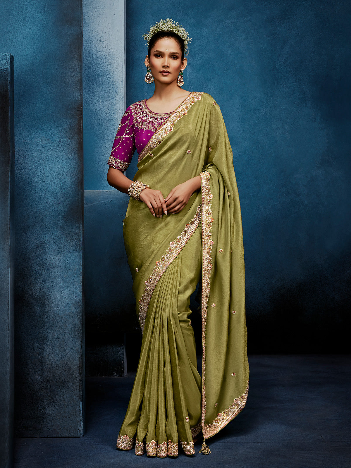 Mehendi green tissue silk saree for festive occasions