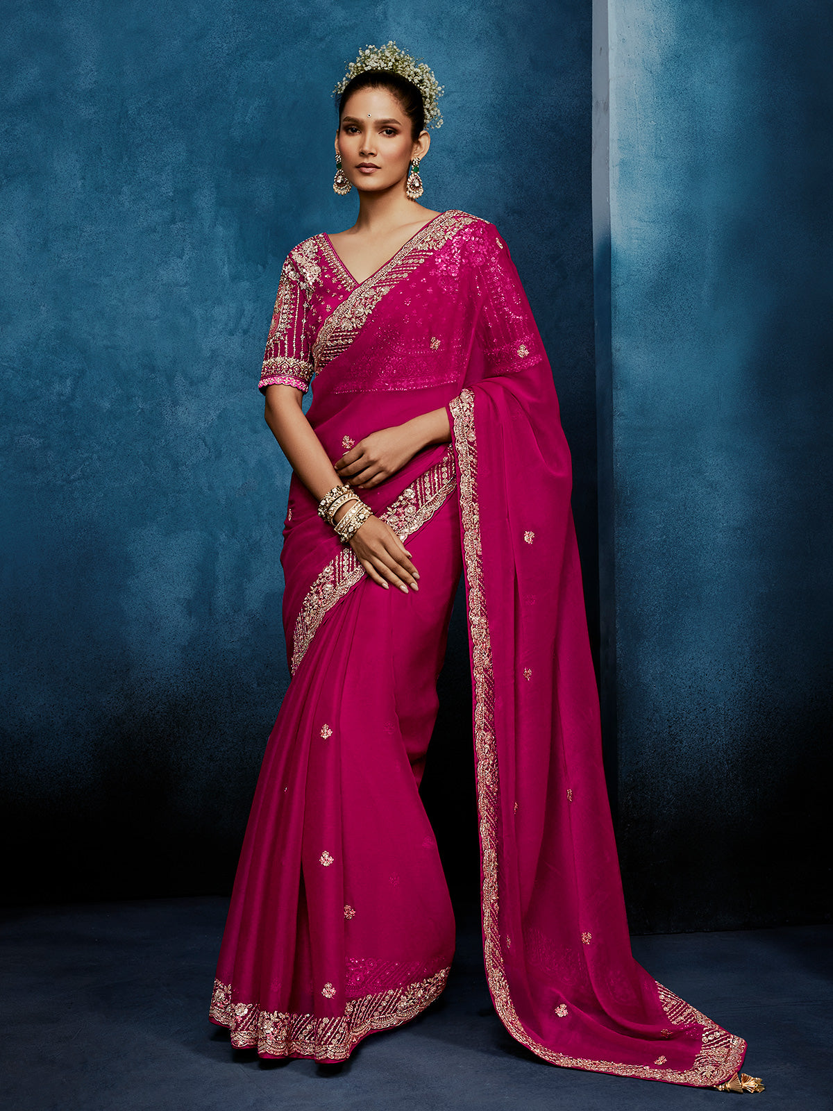 Rani pink georgette saree for elegant party wear