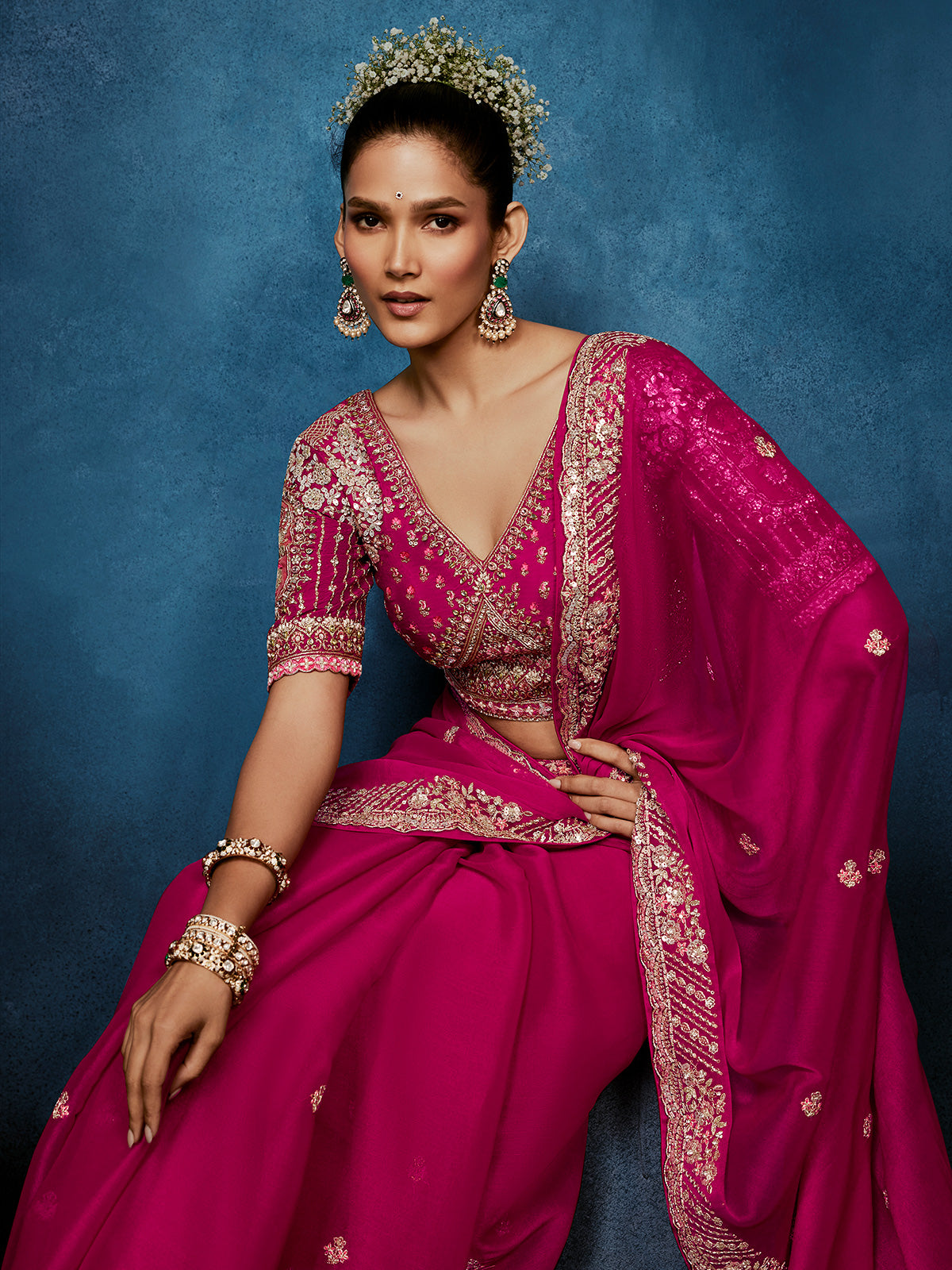 Rani pink georgette saree for elegant party wear