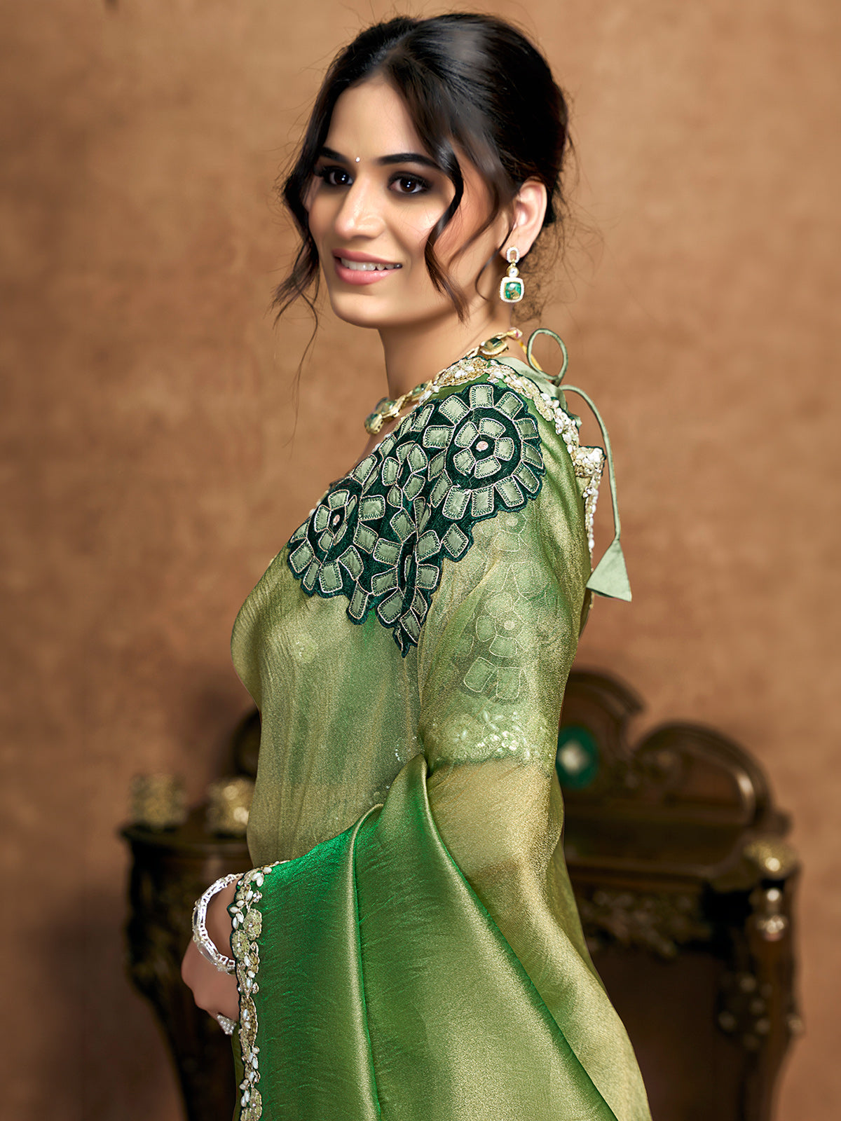 Olive green party wear organza saree