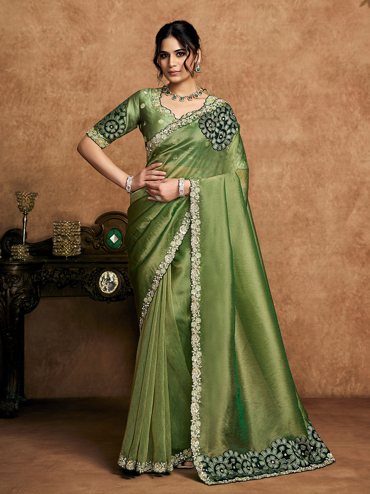 Olive green party wear organza saree