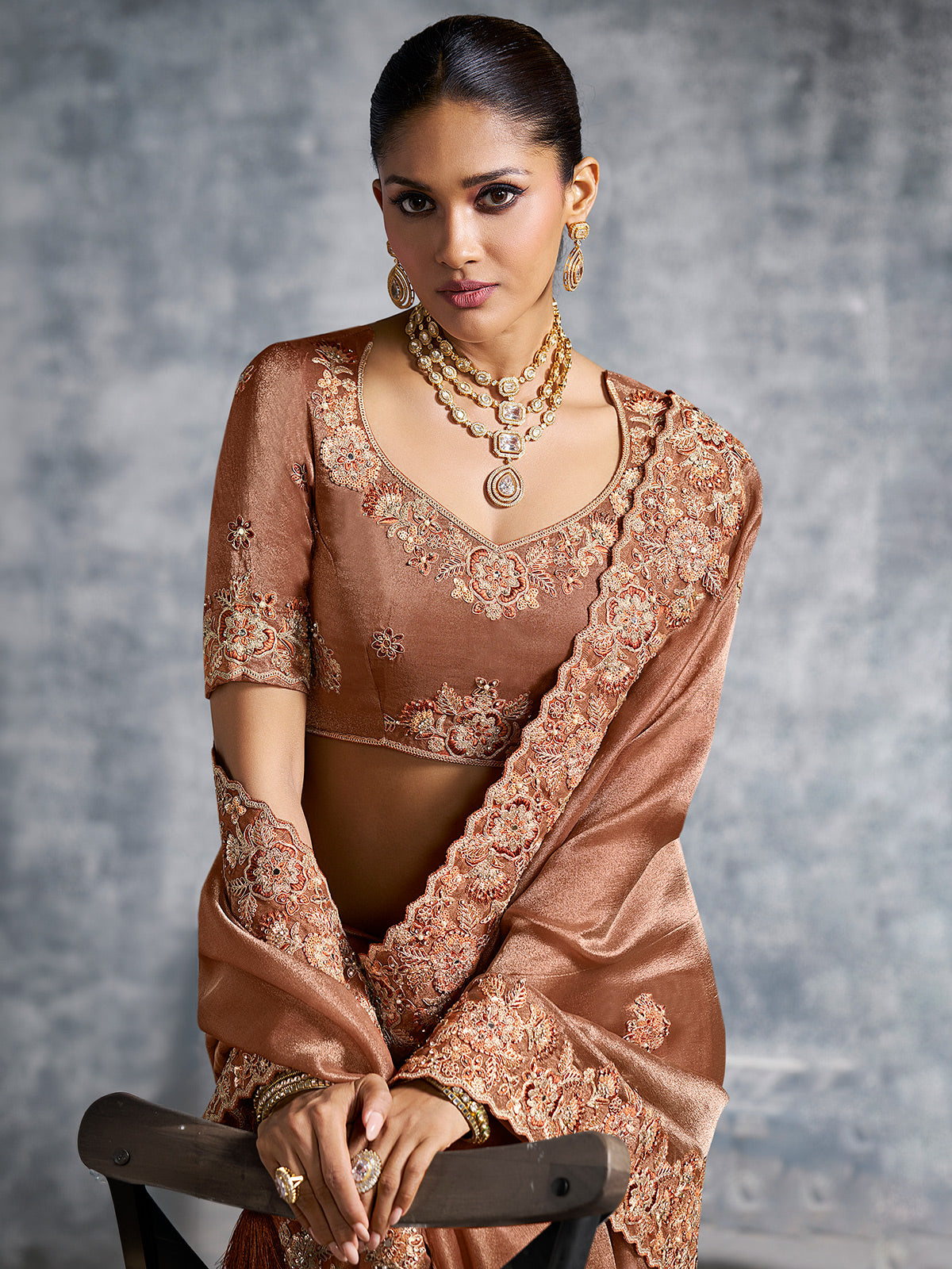 Pastel brown wedding wear viscose tissue saree