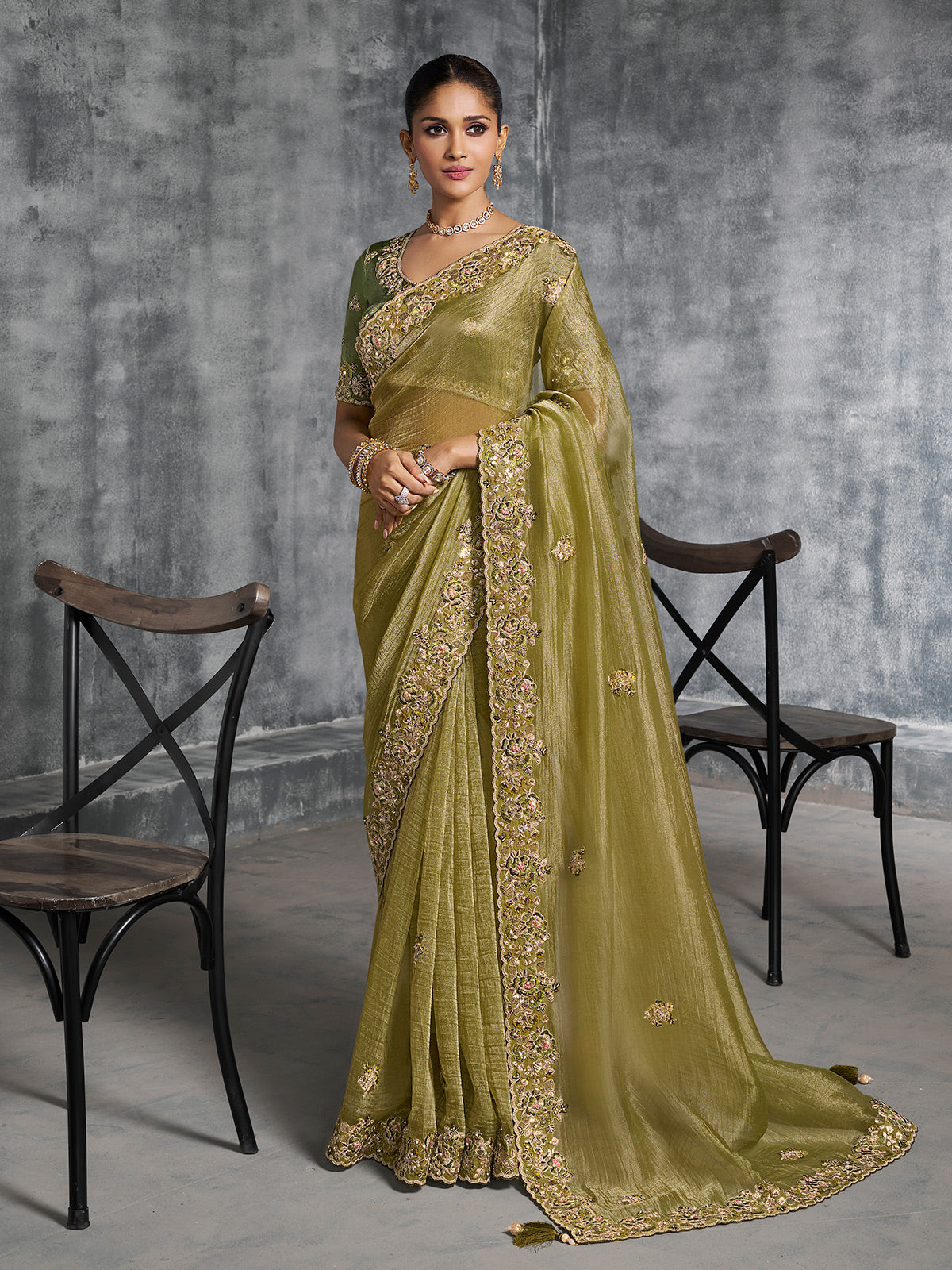 Olive green viscose tissue saree with embellished border