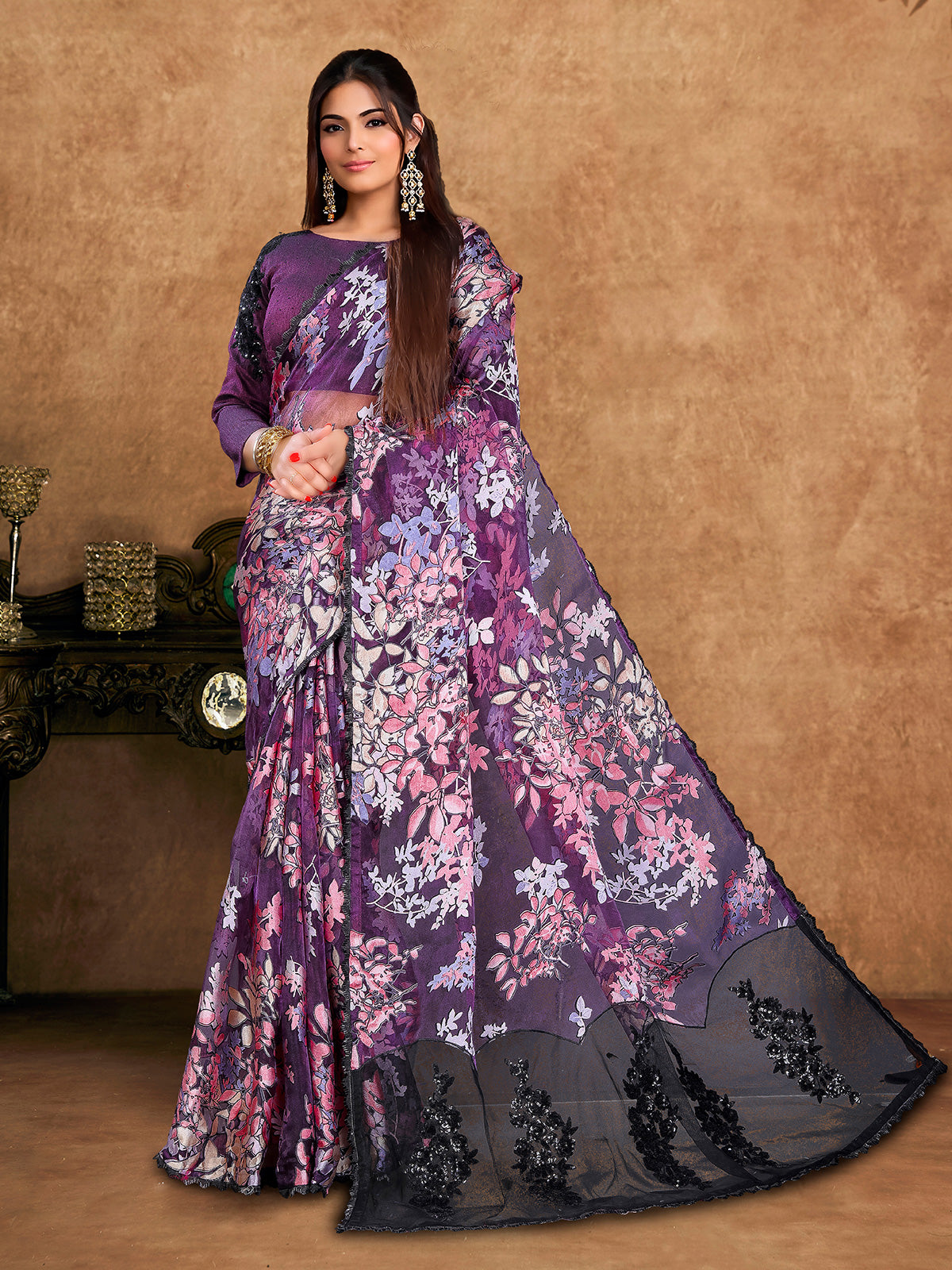 Purple organza satin saree with floral print