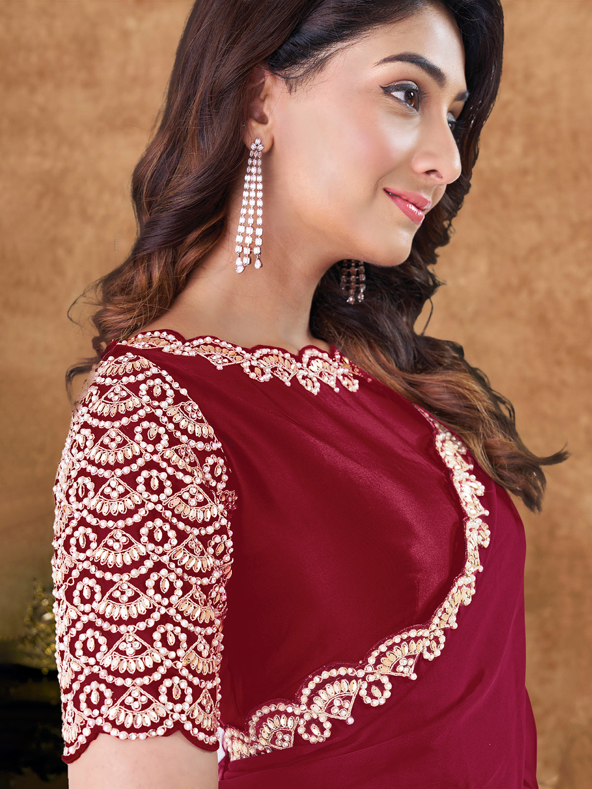 Maroon party wear satin silk saree