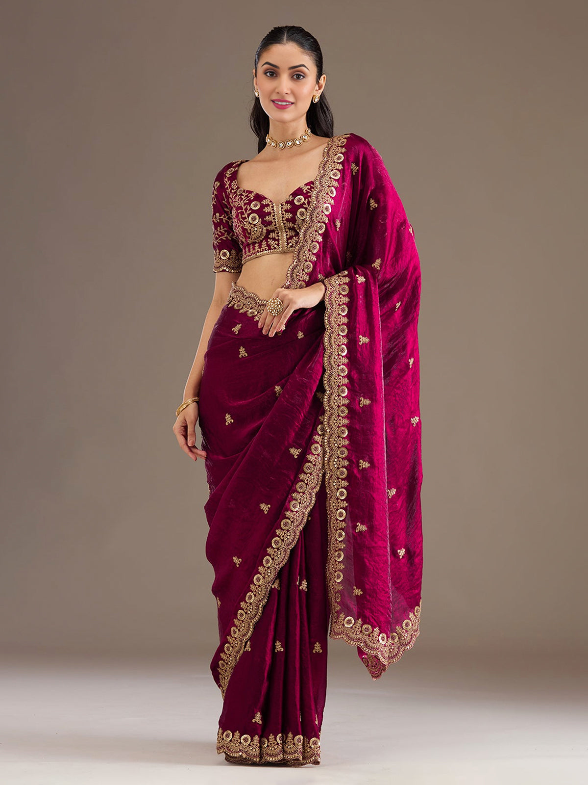 Maroon festive wear tissue saree