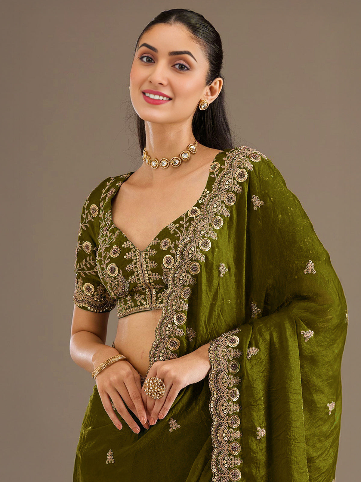 Olive green tissue saree with embellished border