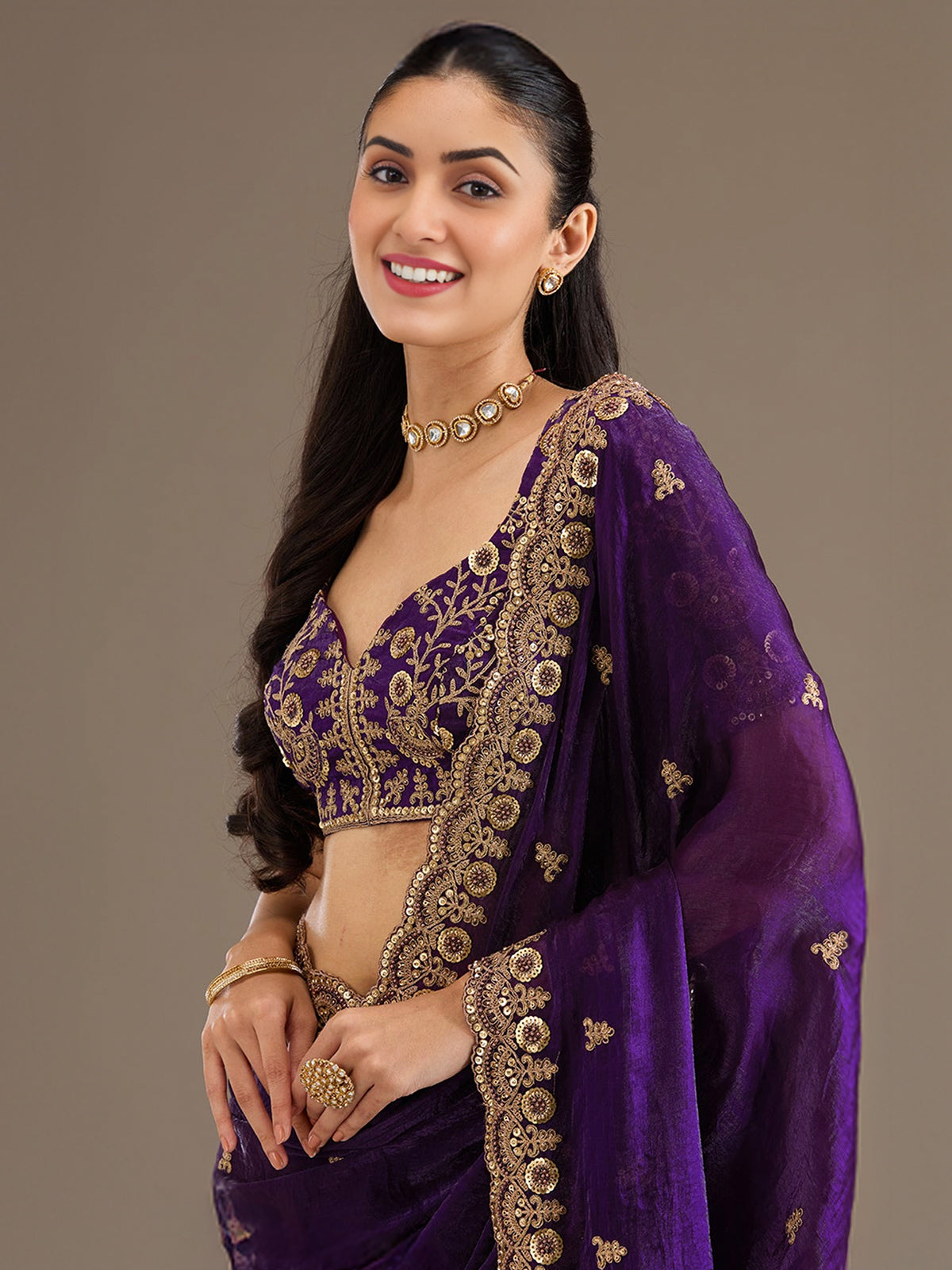 Purple tissue saree for party celebration