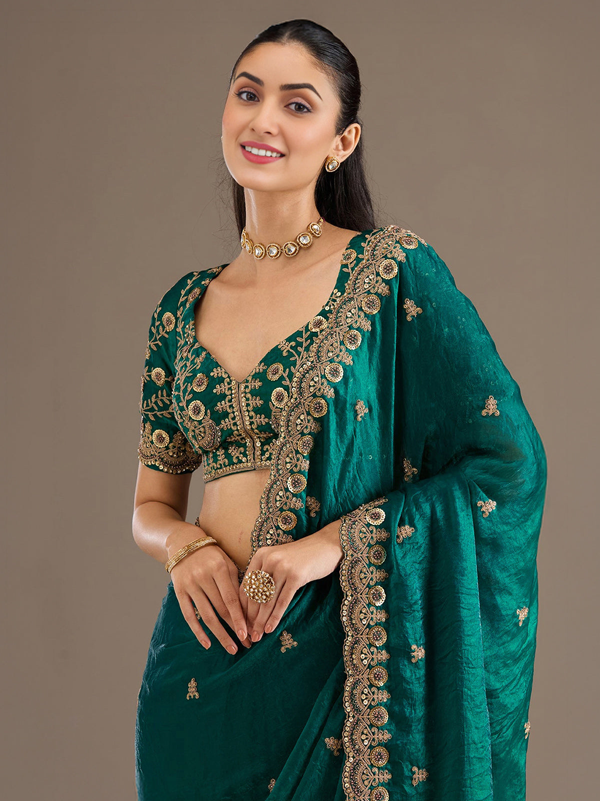 Rama green tissue saree for party celebration