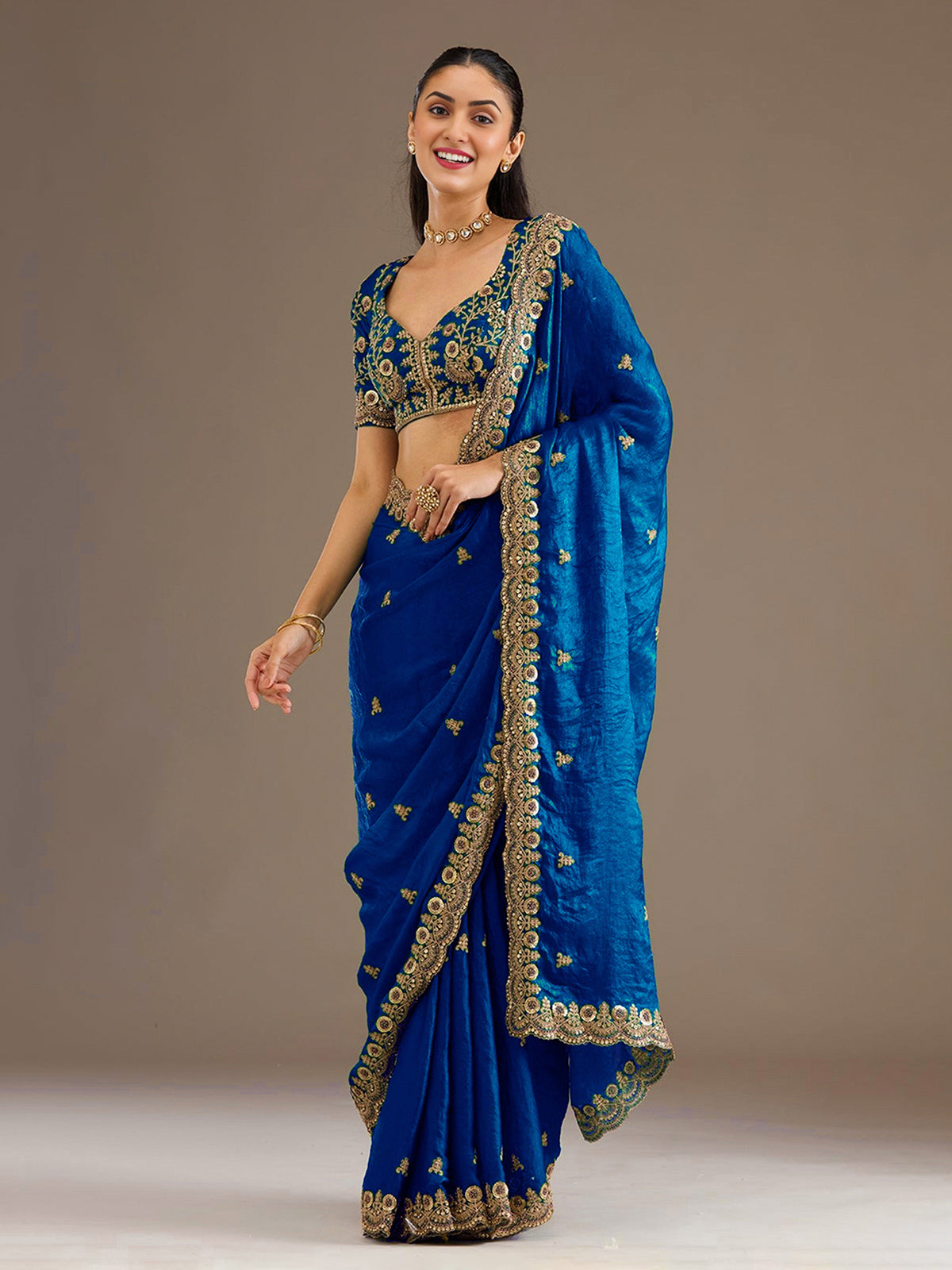 Royal blue tissue saree with thread and sequins work