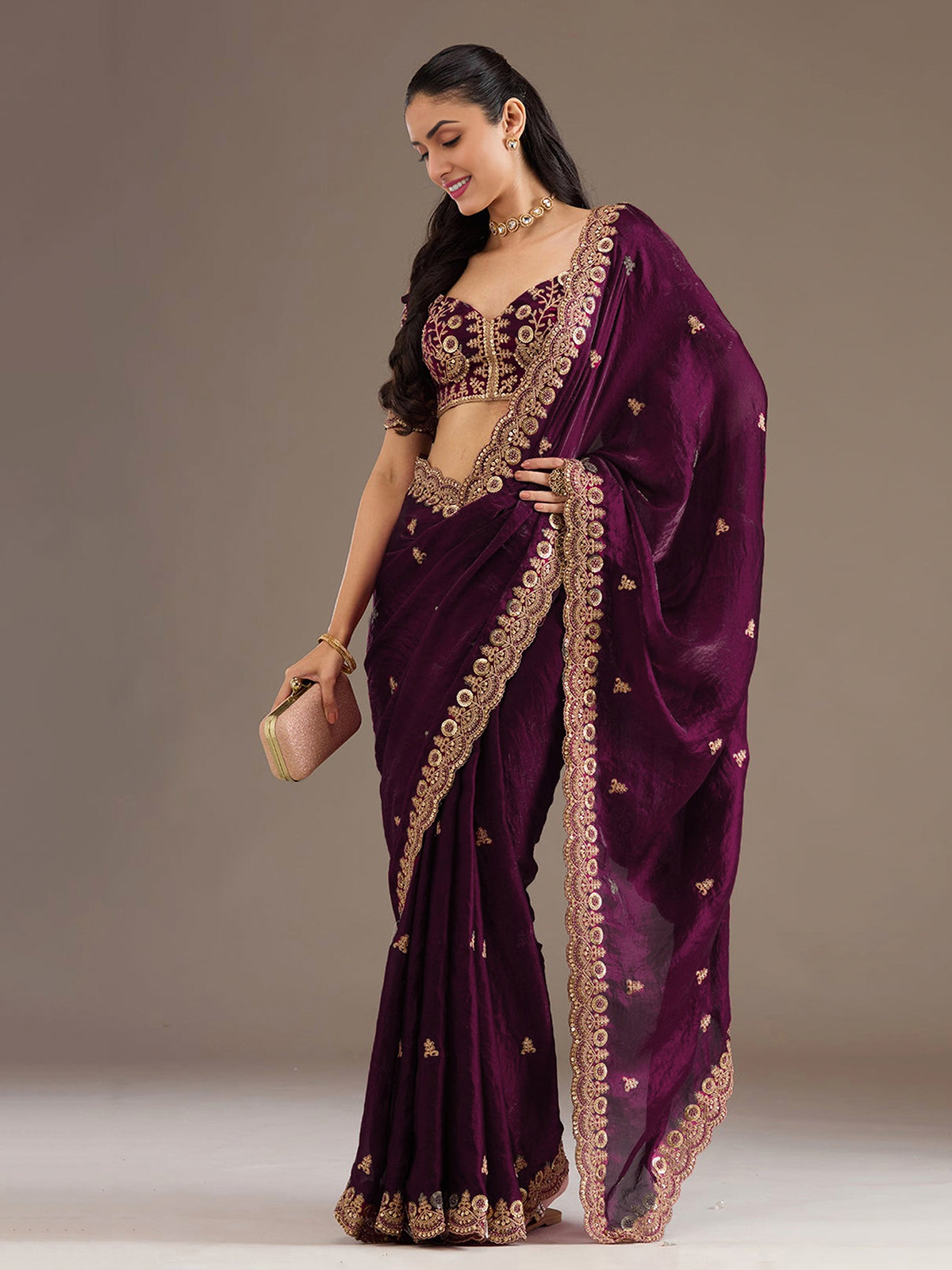Wine party wear tissue saree with embellished border