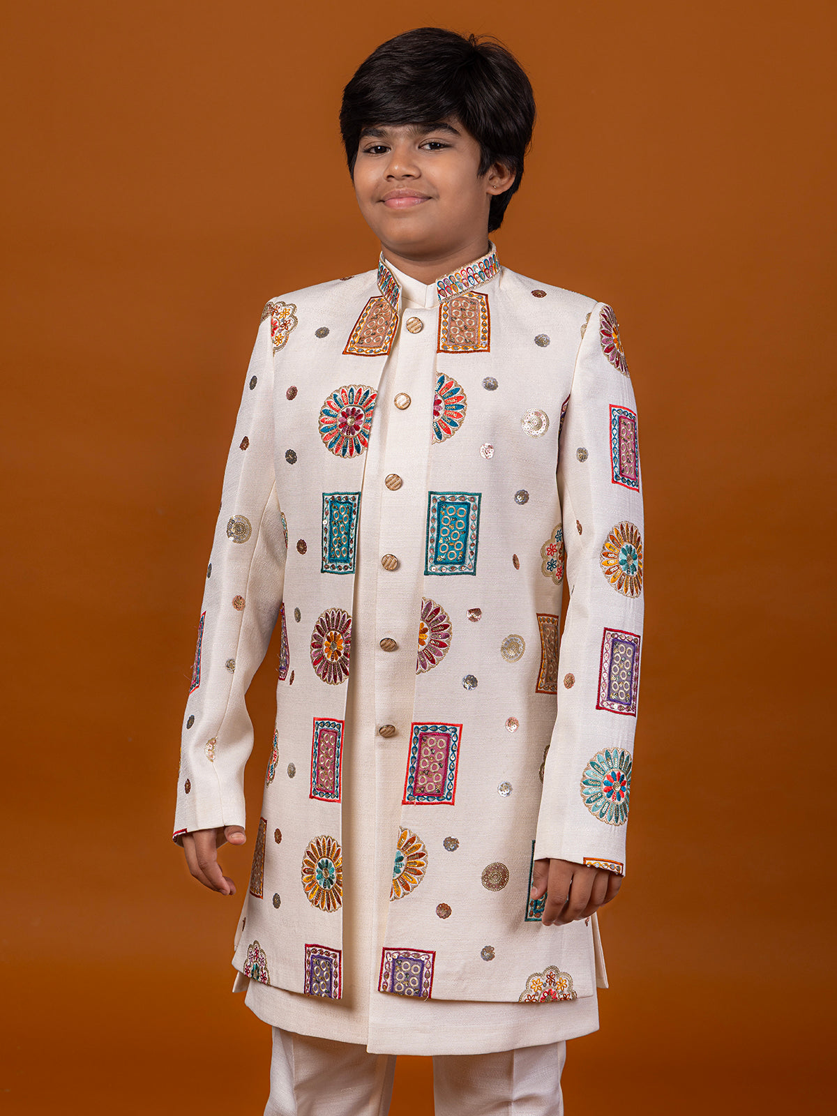 White raw silk embroidered work indowestern festive suit for boys
