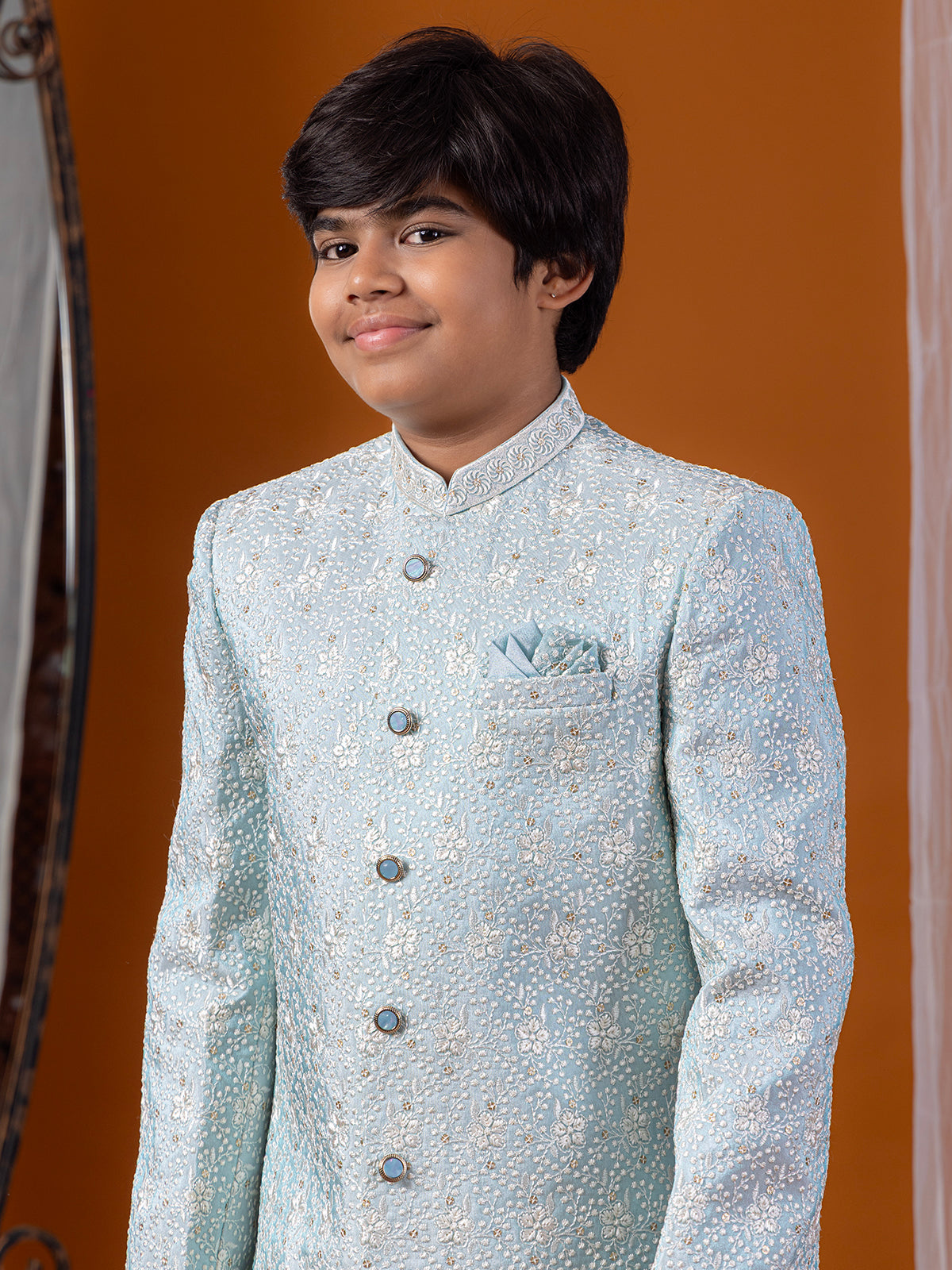 Sky blue silk embroidered boys indowestern set