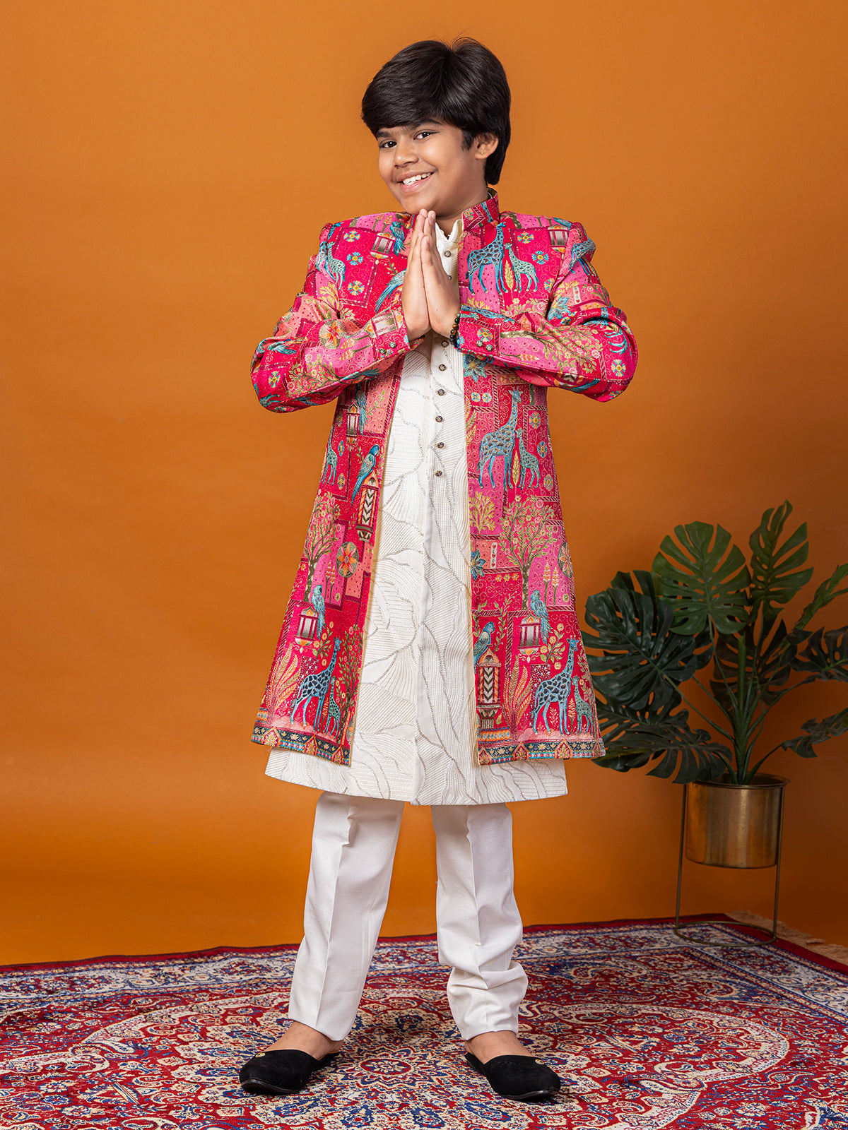 Fuchsia brocade silk indo western with kalamkari print
