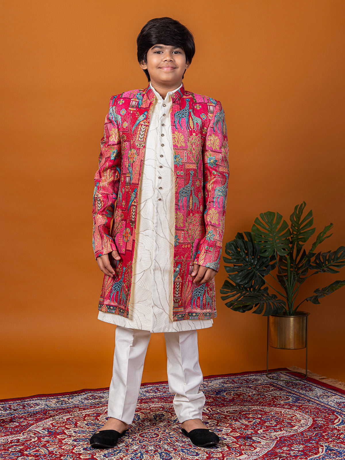 Fuchsia brocade silk indo western with kalamkari print
