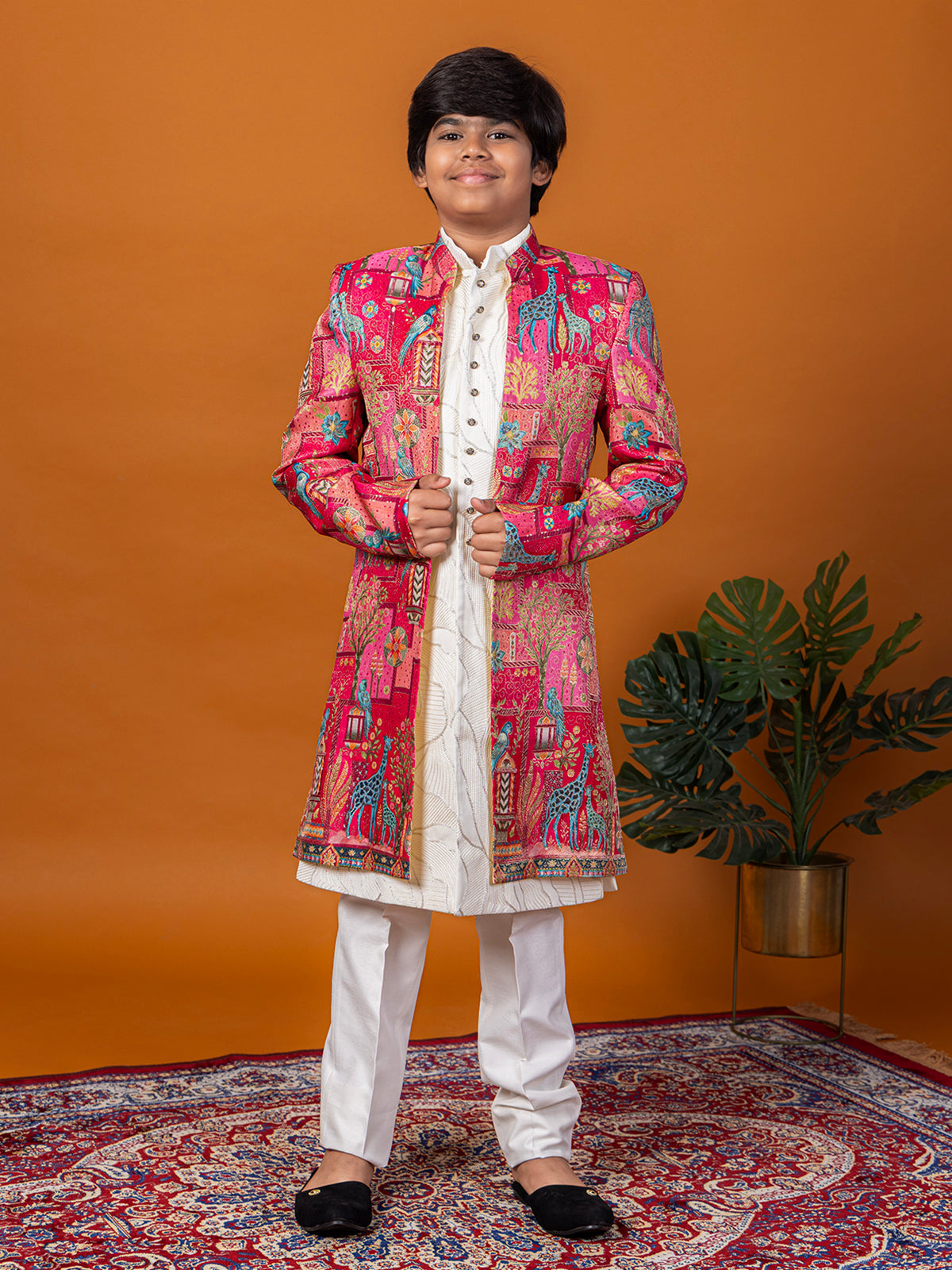 Fuchsia brocade silk indo western with kalamkari print