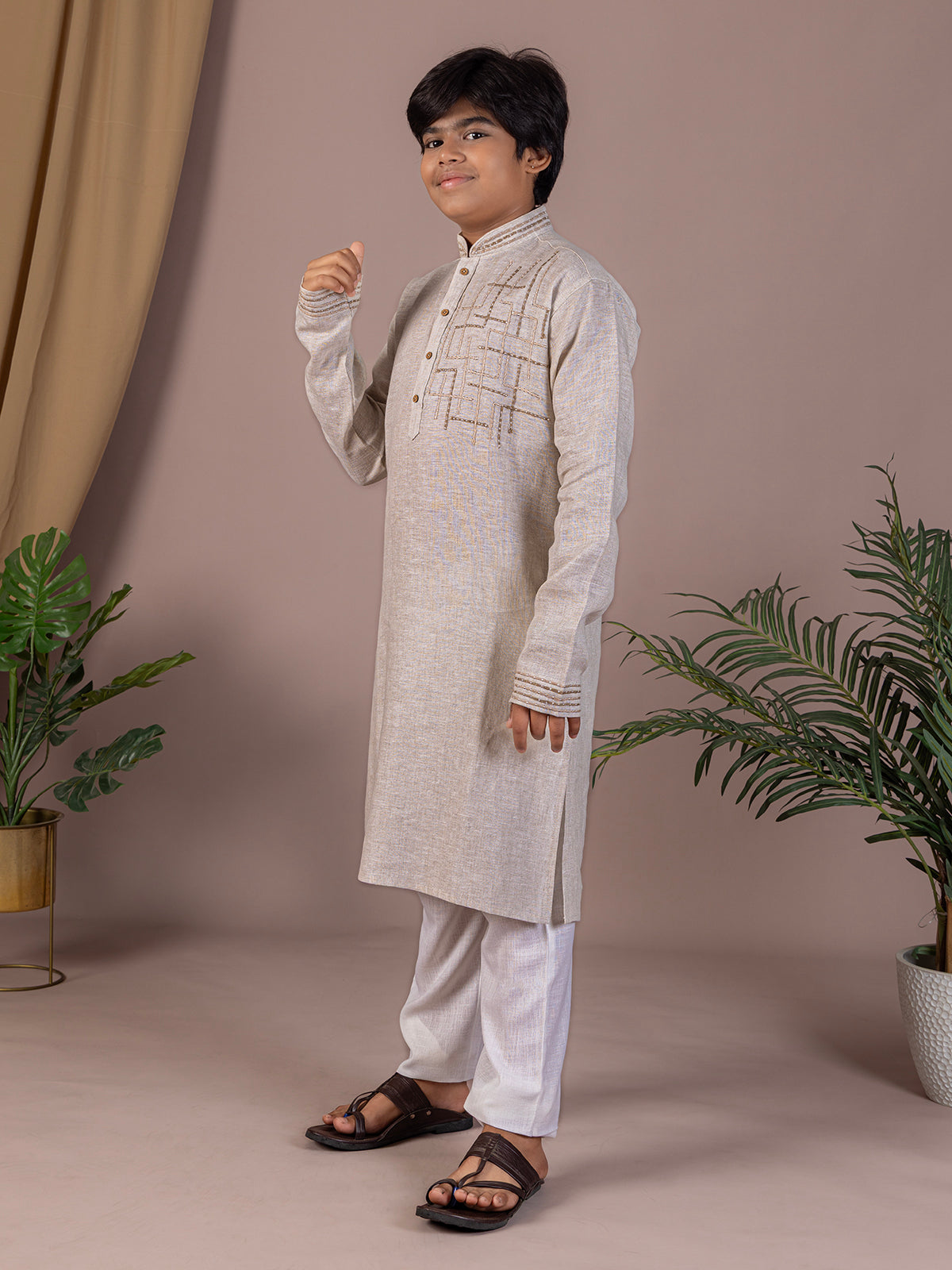 Grey thread work cotton linen festive kurta suit