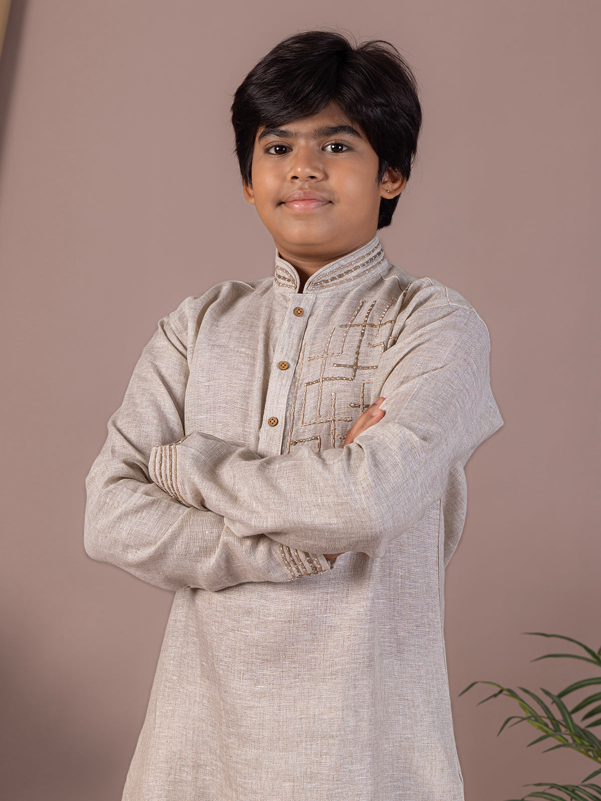 Grey thread work cotton linen festive kurta suit