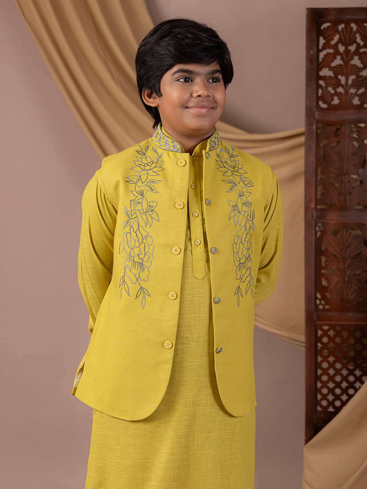 Sage green cotton silk waistcoat with embroidery work