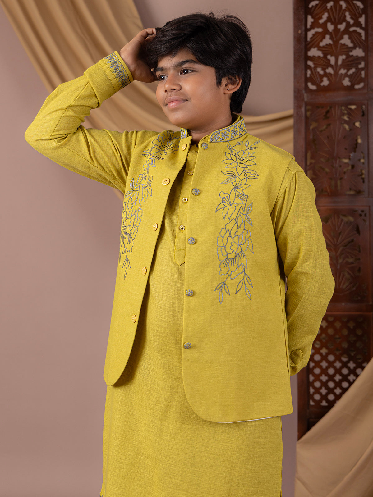 Sage green cotton silk waistcoat with embroidery work
