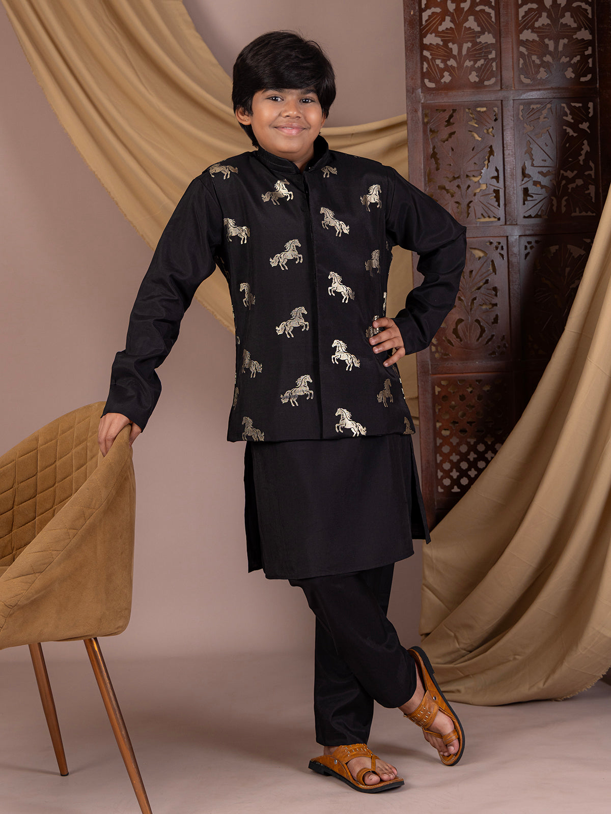 Black silk waistcoat with royal horse foil print