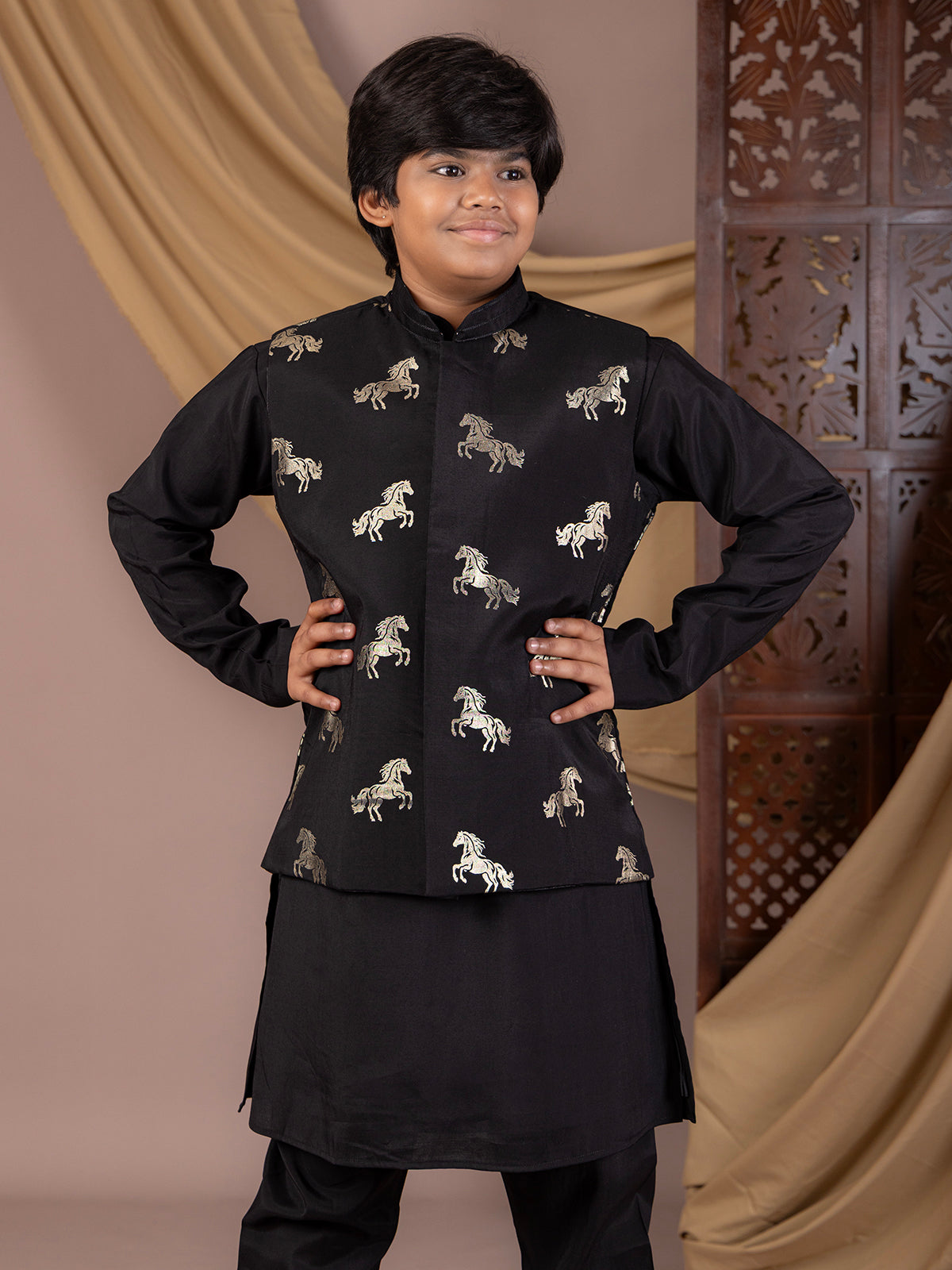 Black silk waistcoat with royal horse foil print