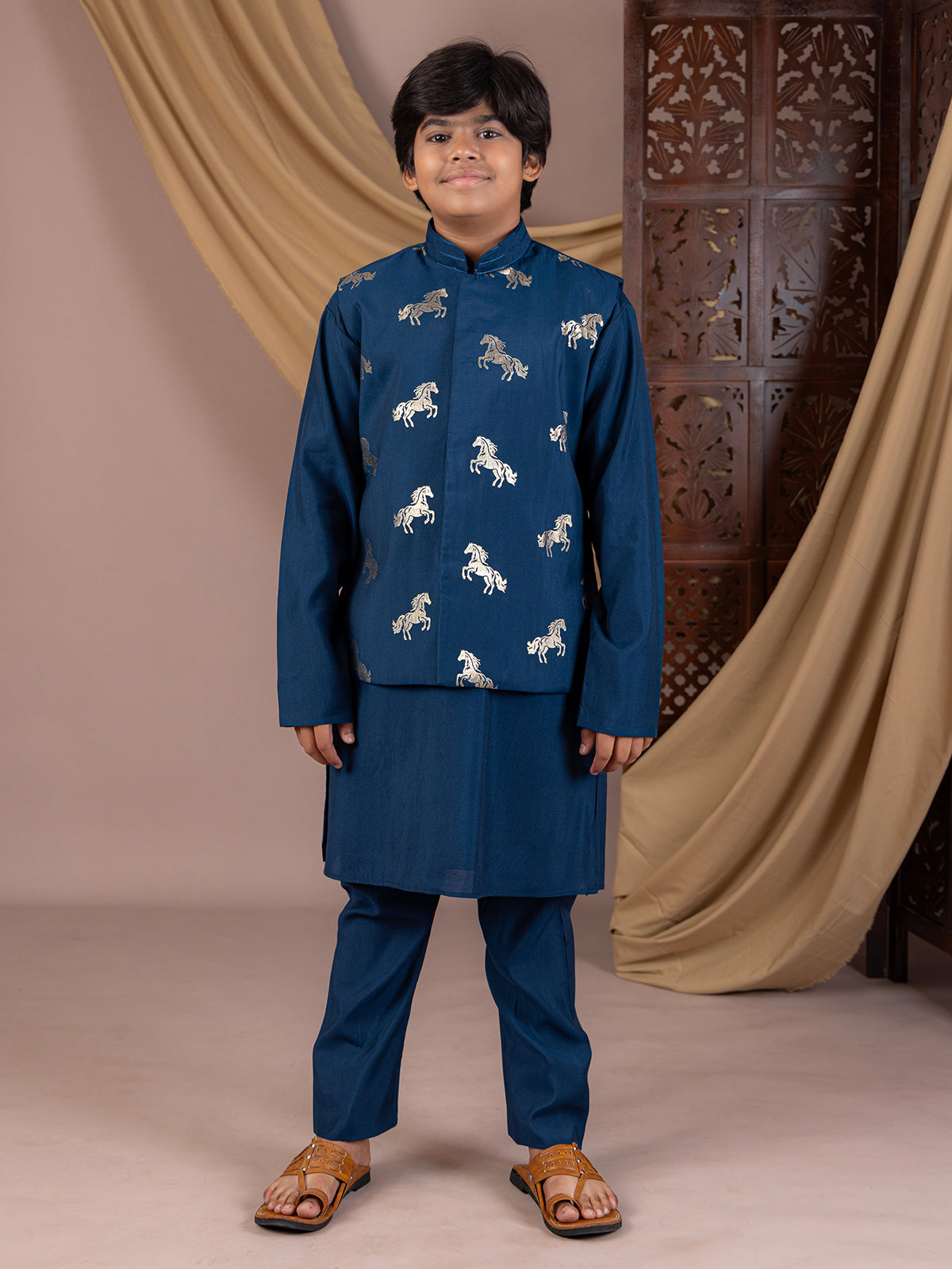 Blue silk waistcoat with royal horse foil print