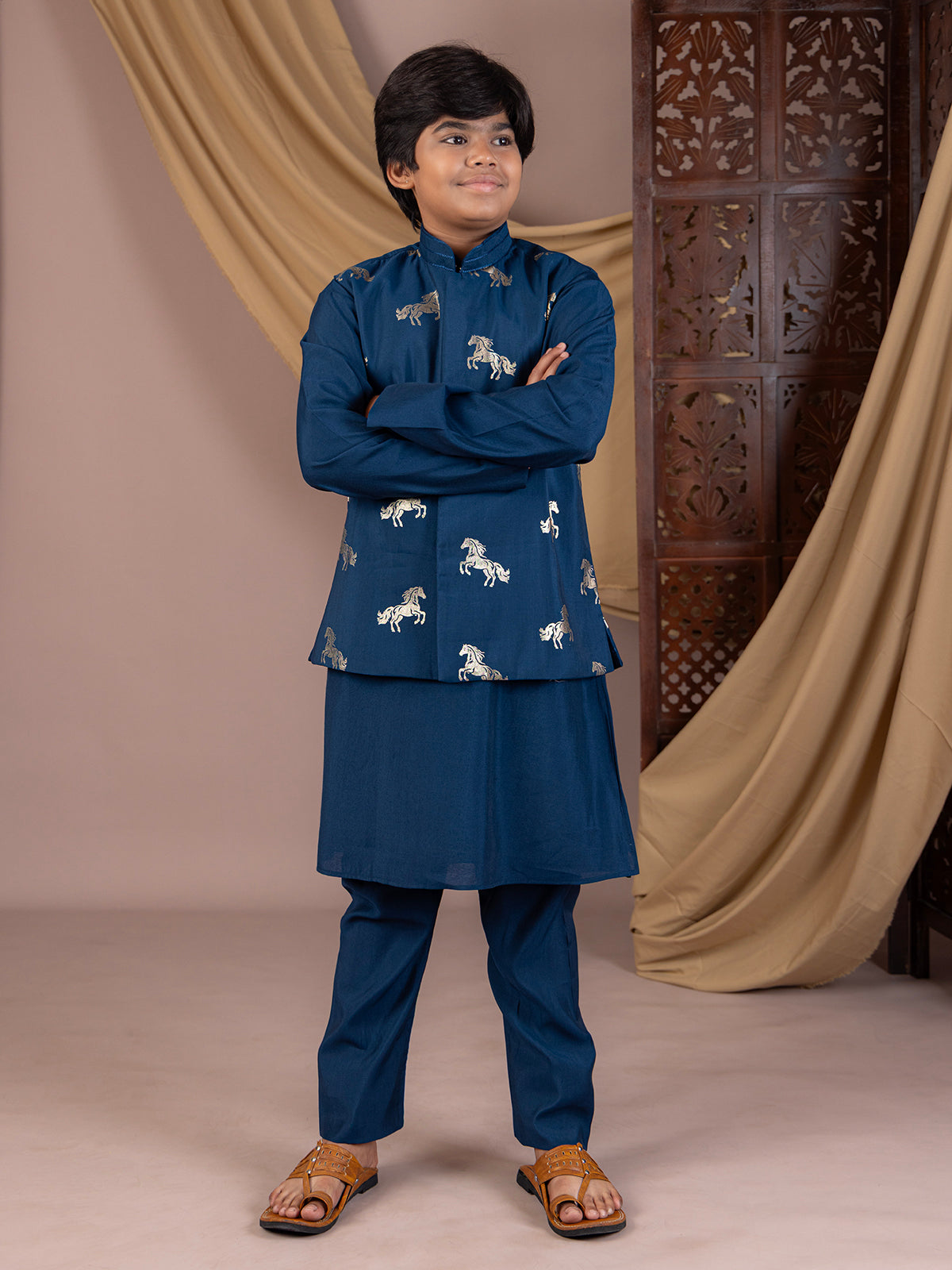 Blue silk waistcoat with royal horse foil print