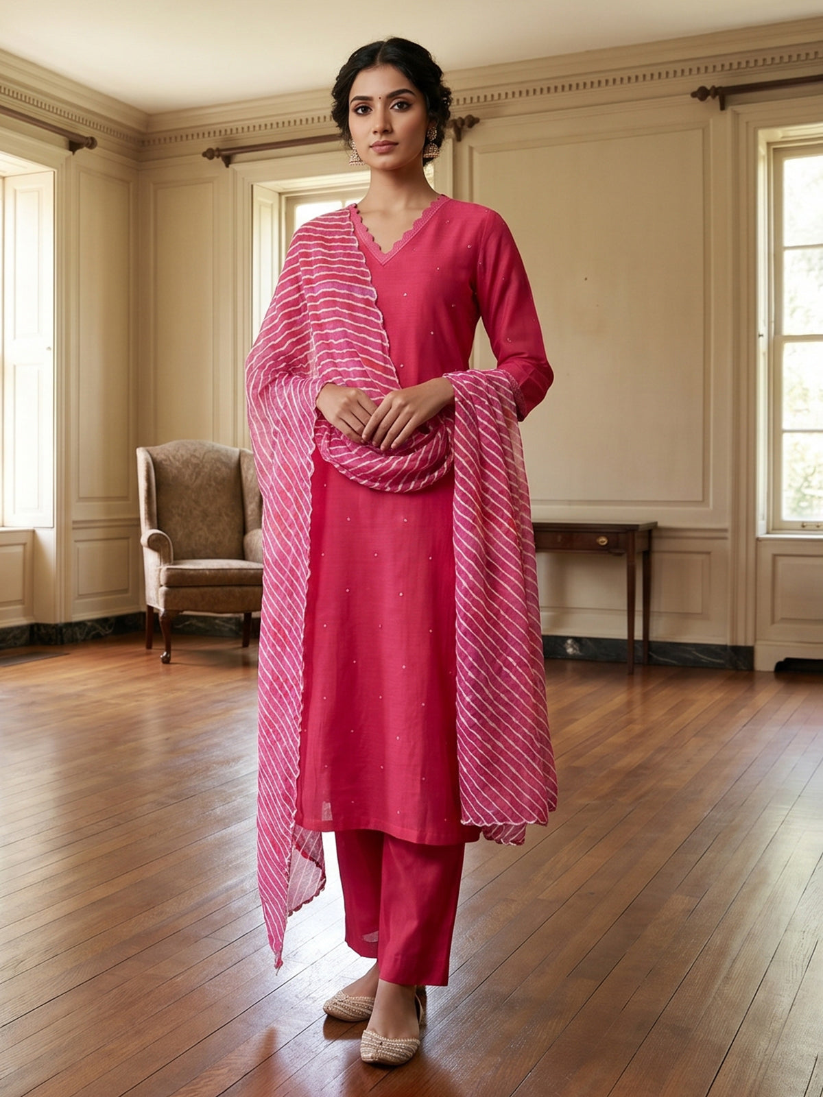 Magenta silk straight cut kurti set with aabla work