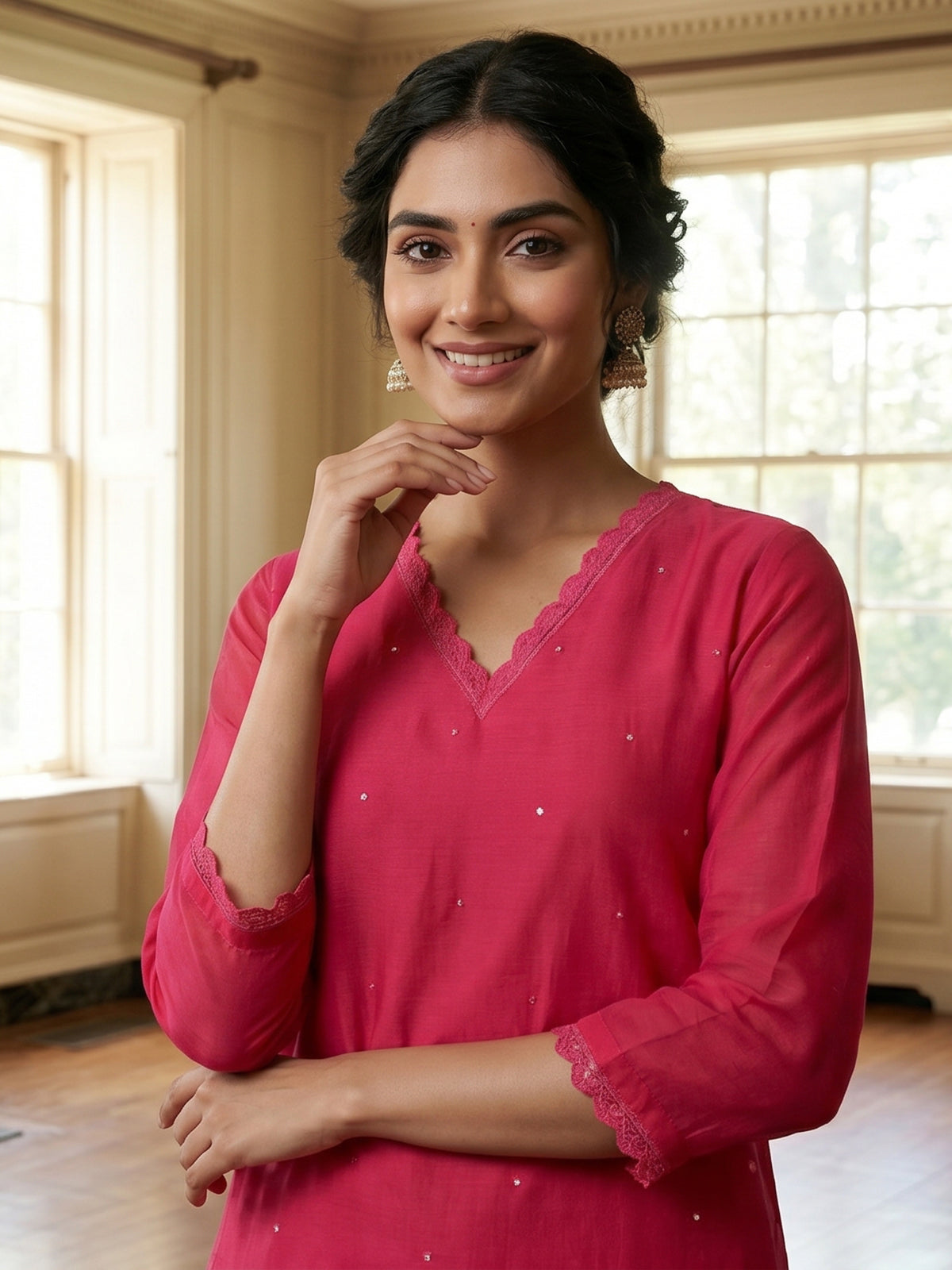 Magenta silk straight cut kurti set with aabla work