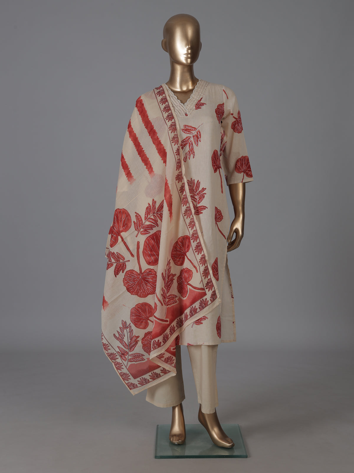 Cream cotton silk printed kurti pant dupatta set