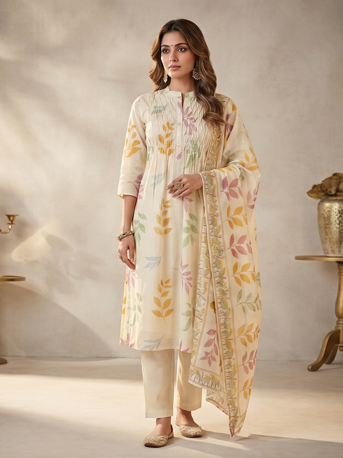 Cream cotton floral printed kurti pant dupatta set