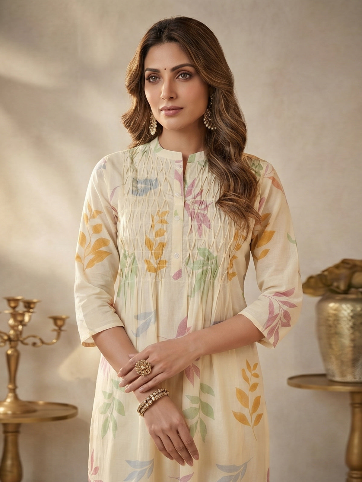 Cream cotton floral printed kurti pant dupatta set