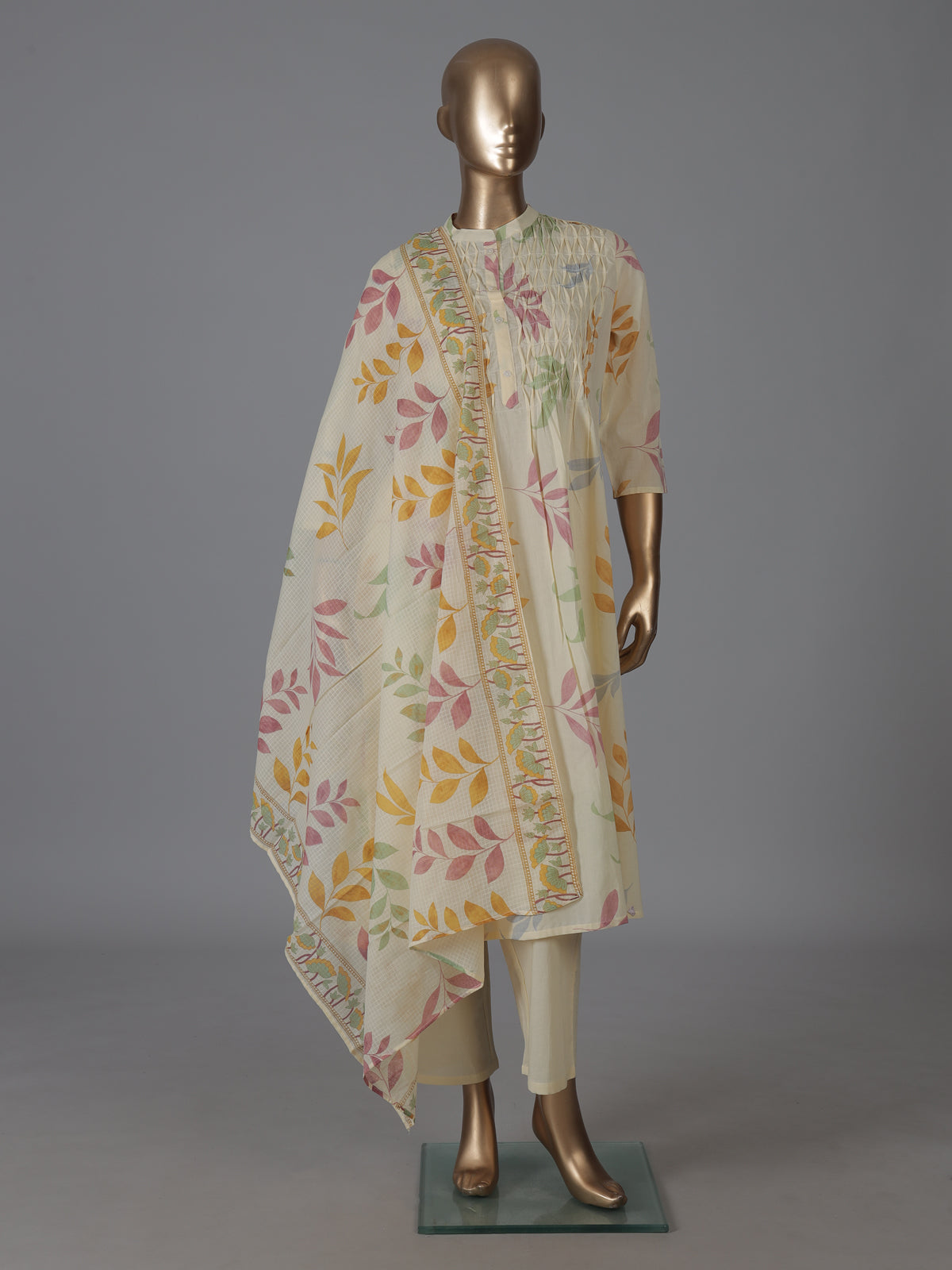 Cream cotton floral printed kurti pant dupatta set