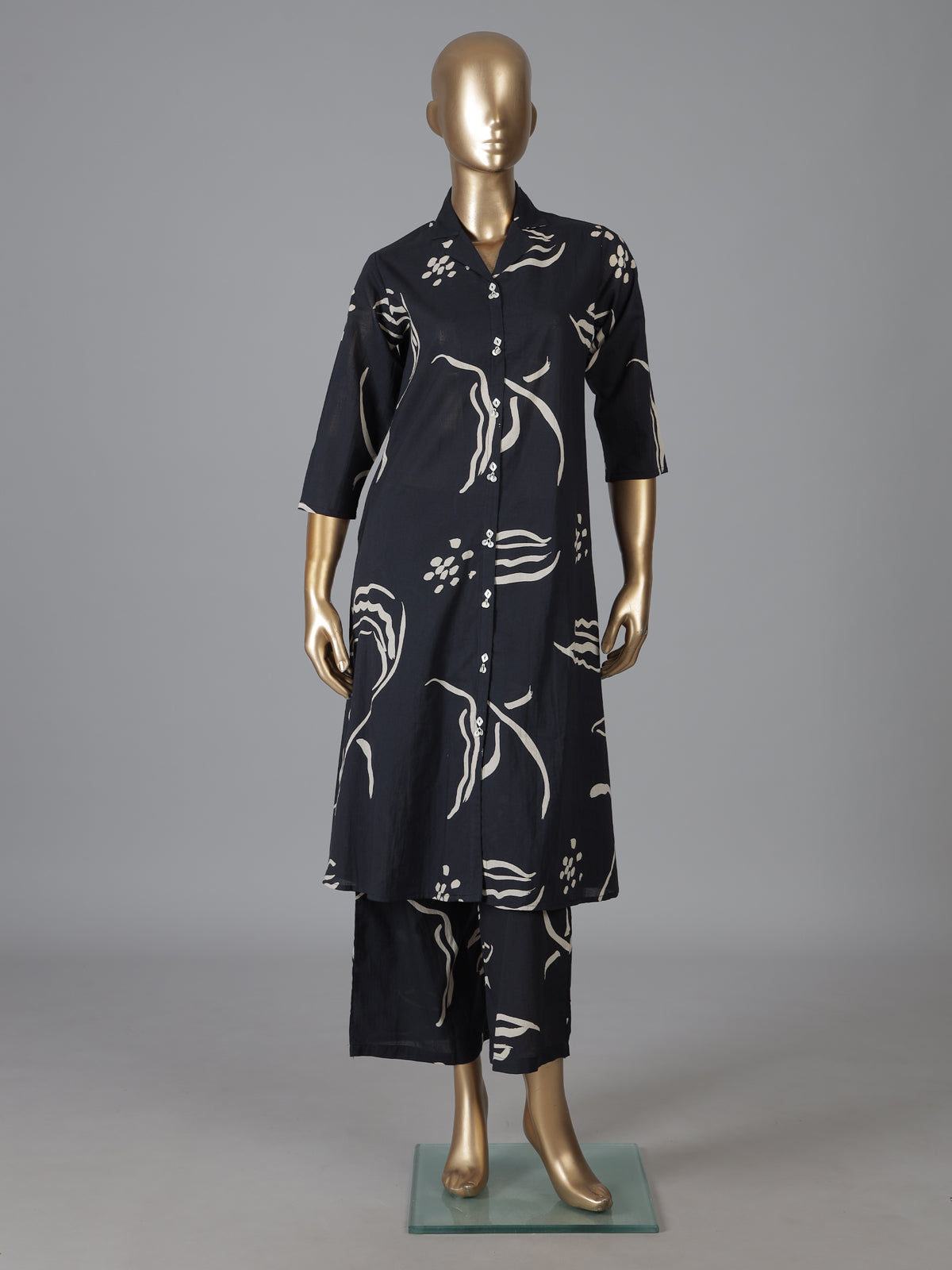 Black cotton silk printed palazzo kurti dupatta set