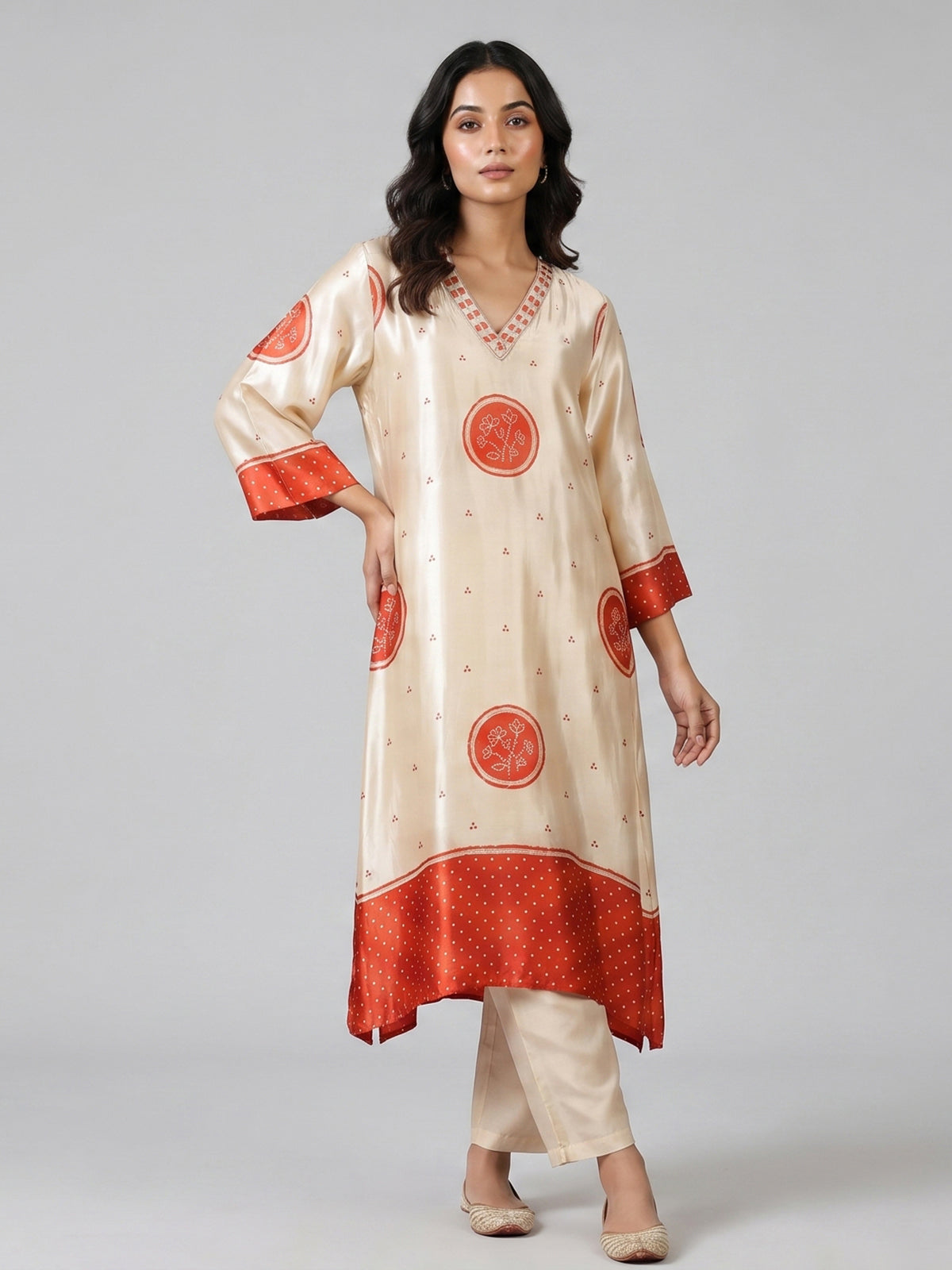 Cream orange mulmul silk printed kurti set