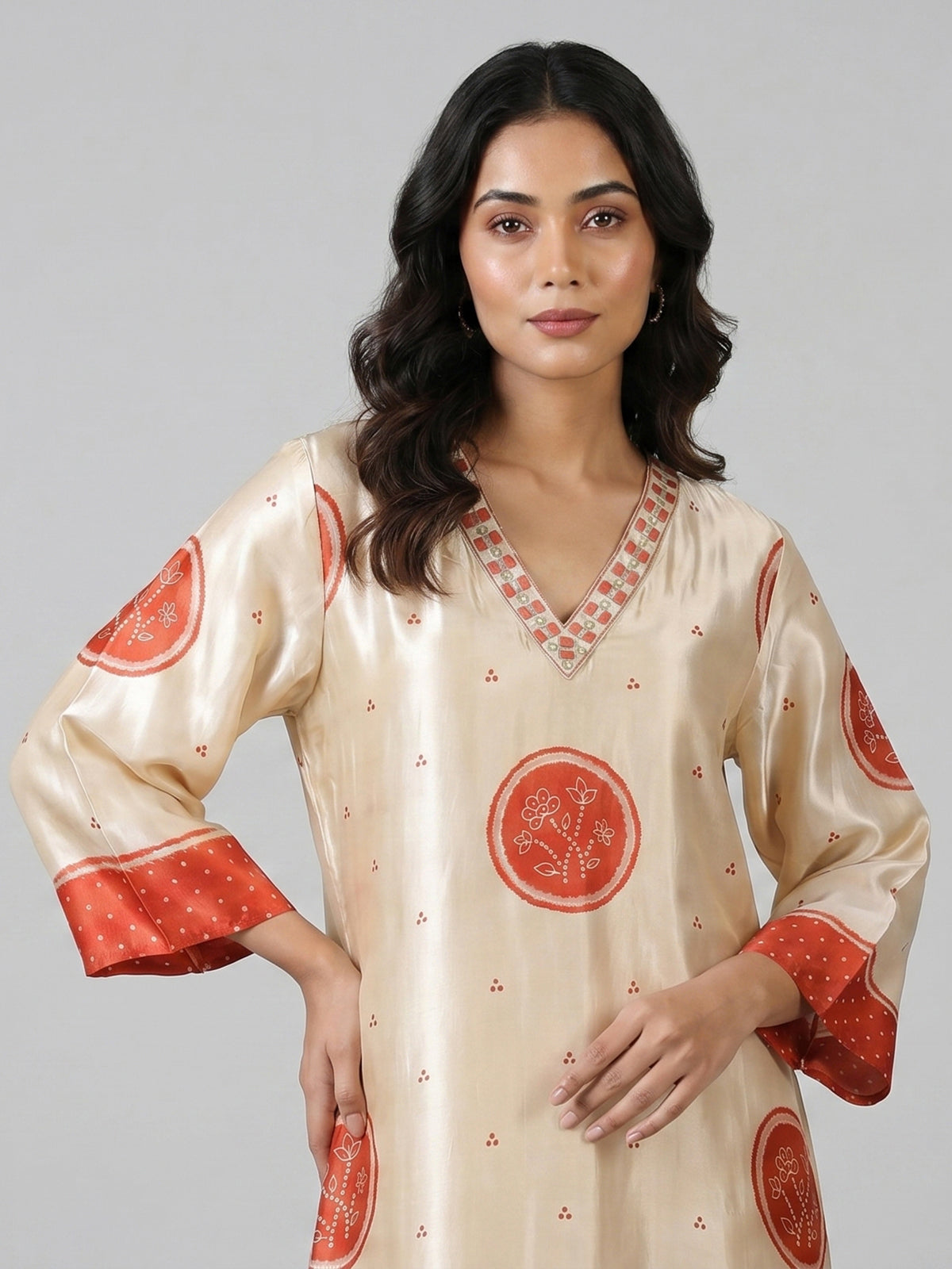 Cream orange mulmul silk printed kurti set
