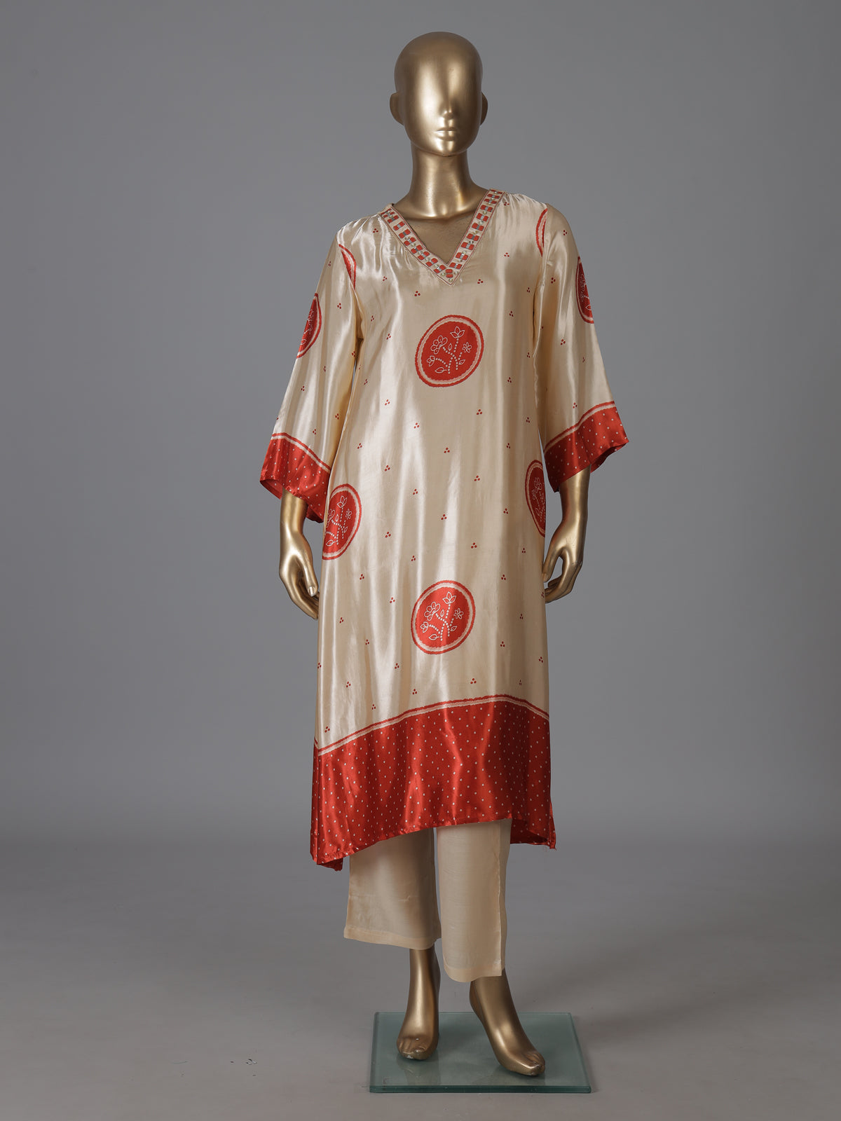 Cream orange mulmul silk printed kurti set