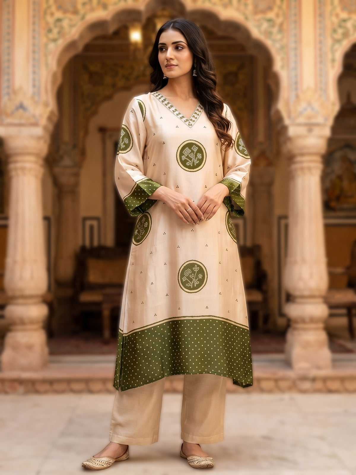Cream green mulmul silk printed kurti set