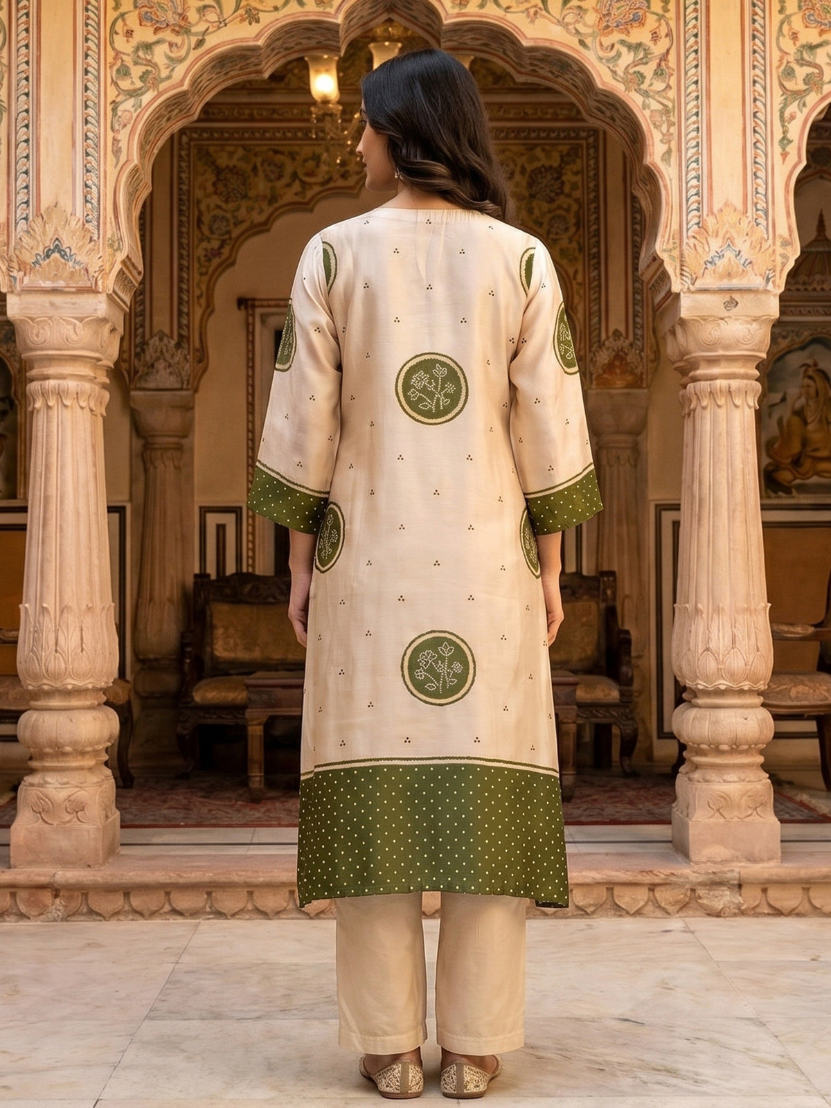 Cream green mulmul silk printed kurti set