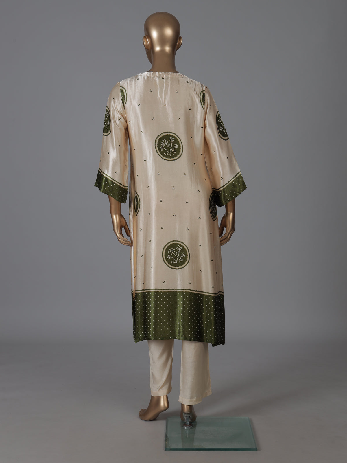 Cream green mulmul silk printed kurti set