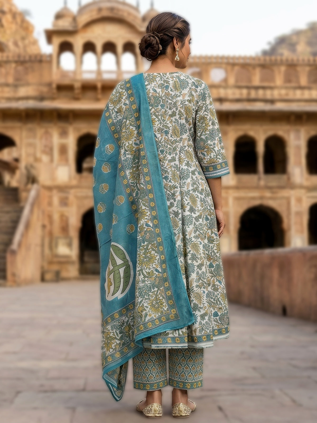 Firozi blue cotton floral printed palazzo kurti set