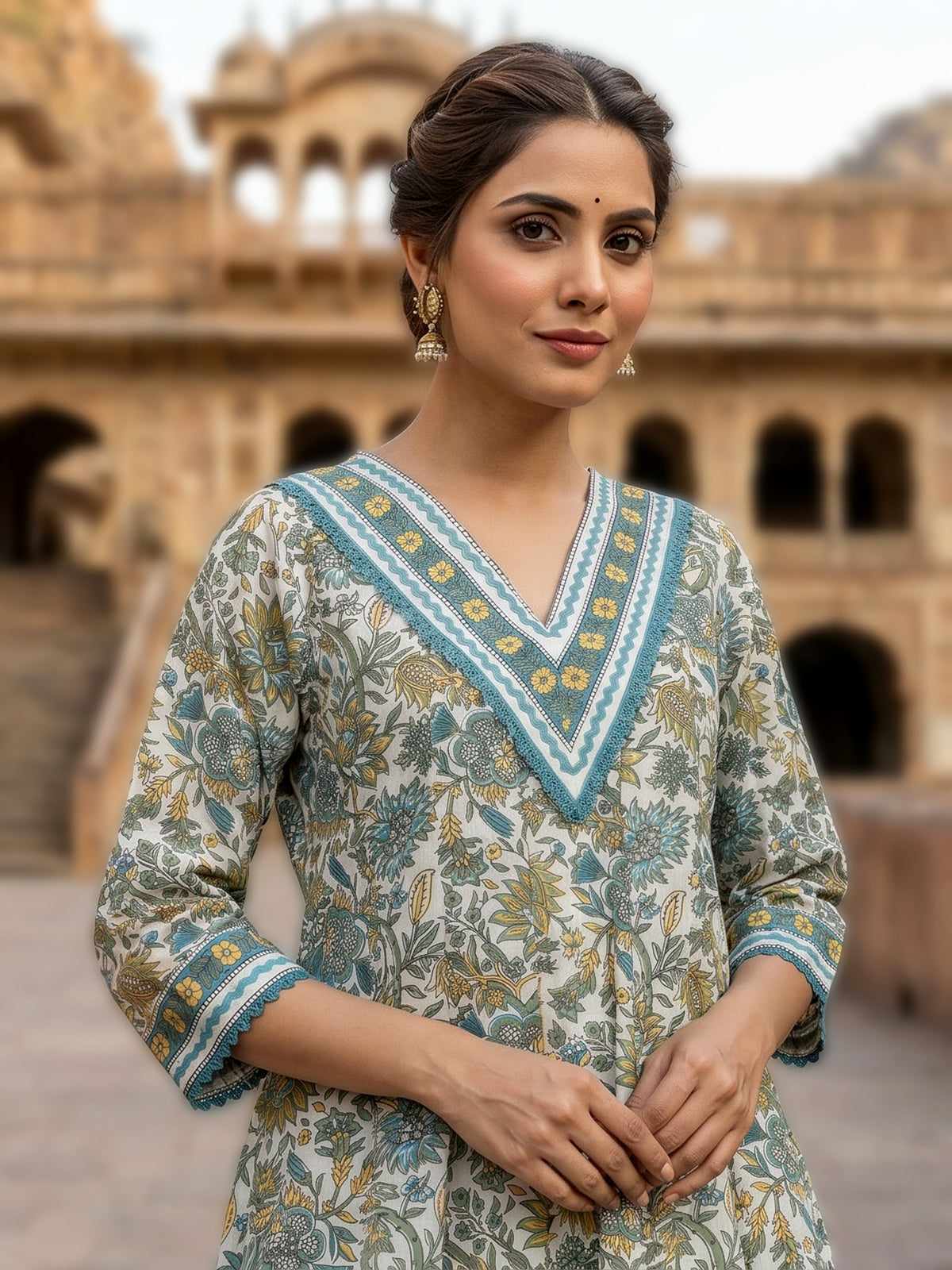 Firozi blue cotton floral printed palazzo kurti set