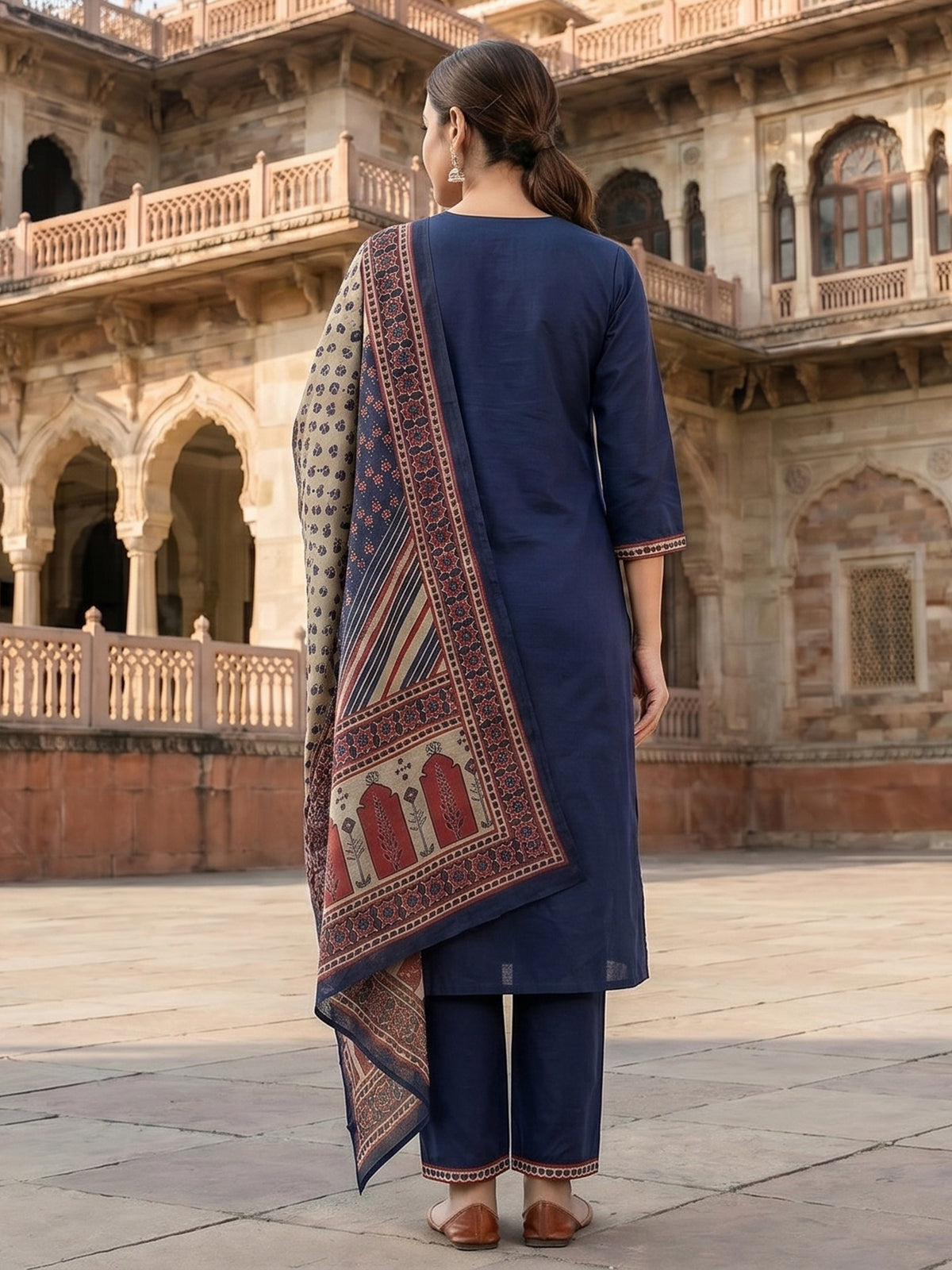 Navy cotton straight cut kurti dupatta set