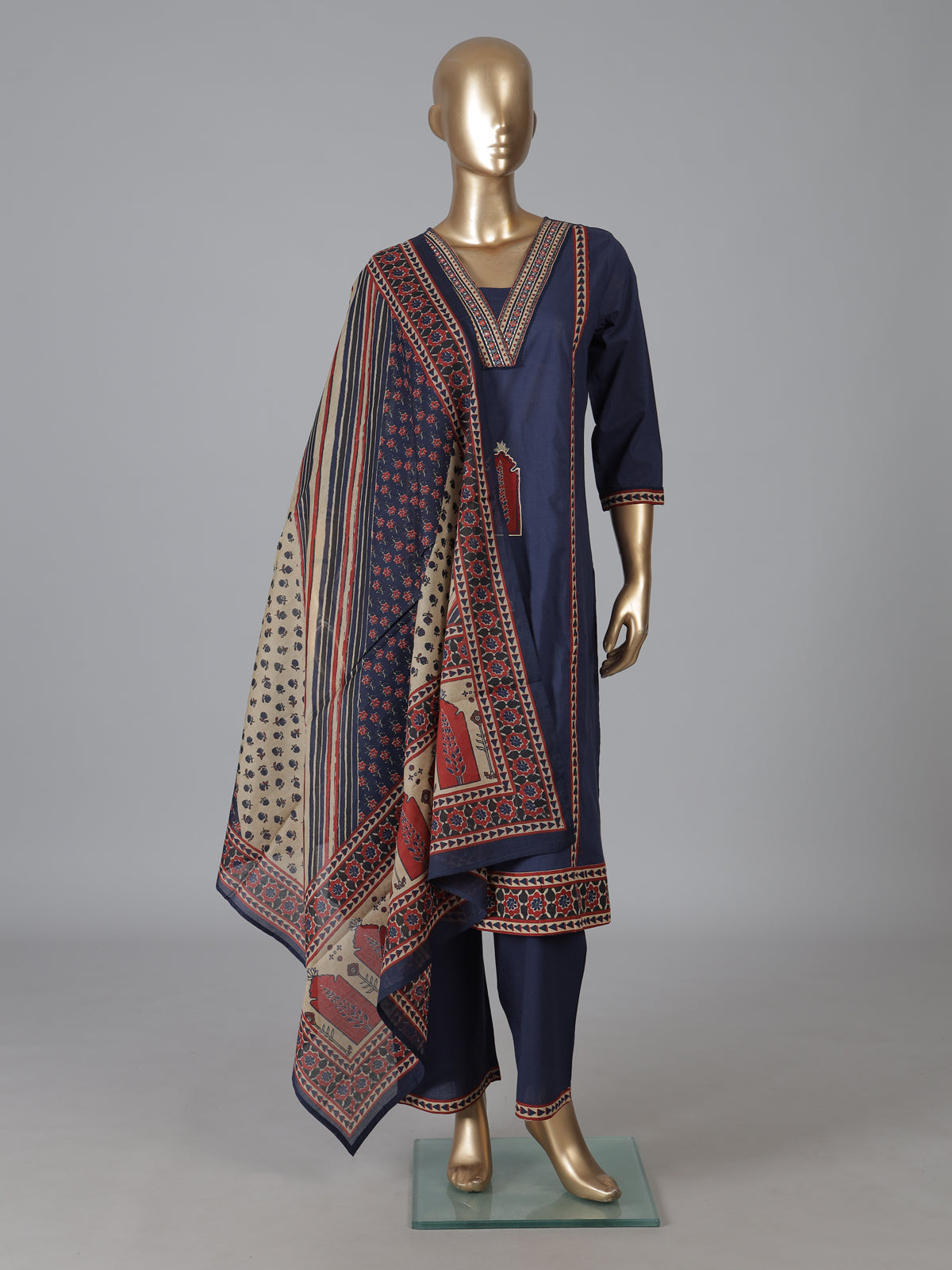 Navy cotton straight cut kurti dupatta set