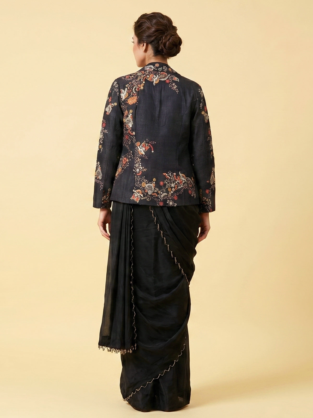Black dola silk designer ready to wear saree with embellished jacket style