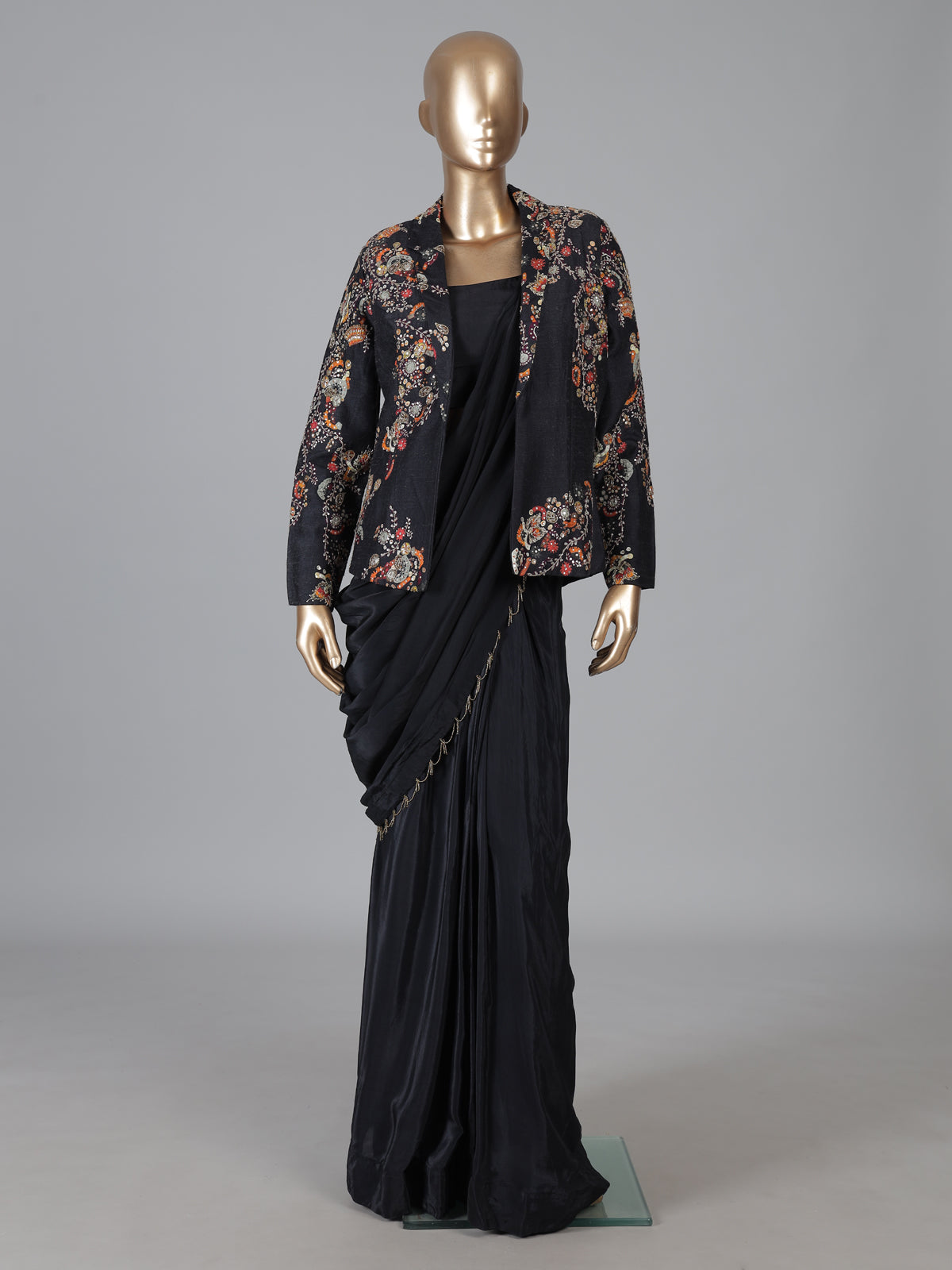 Black dola silk designer ready to wear saree with embellished jacket style