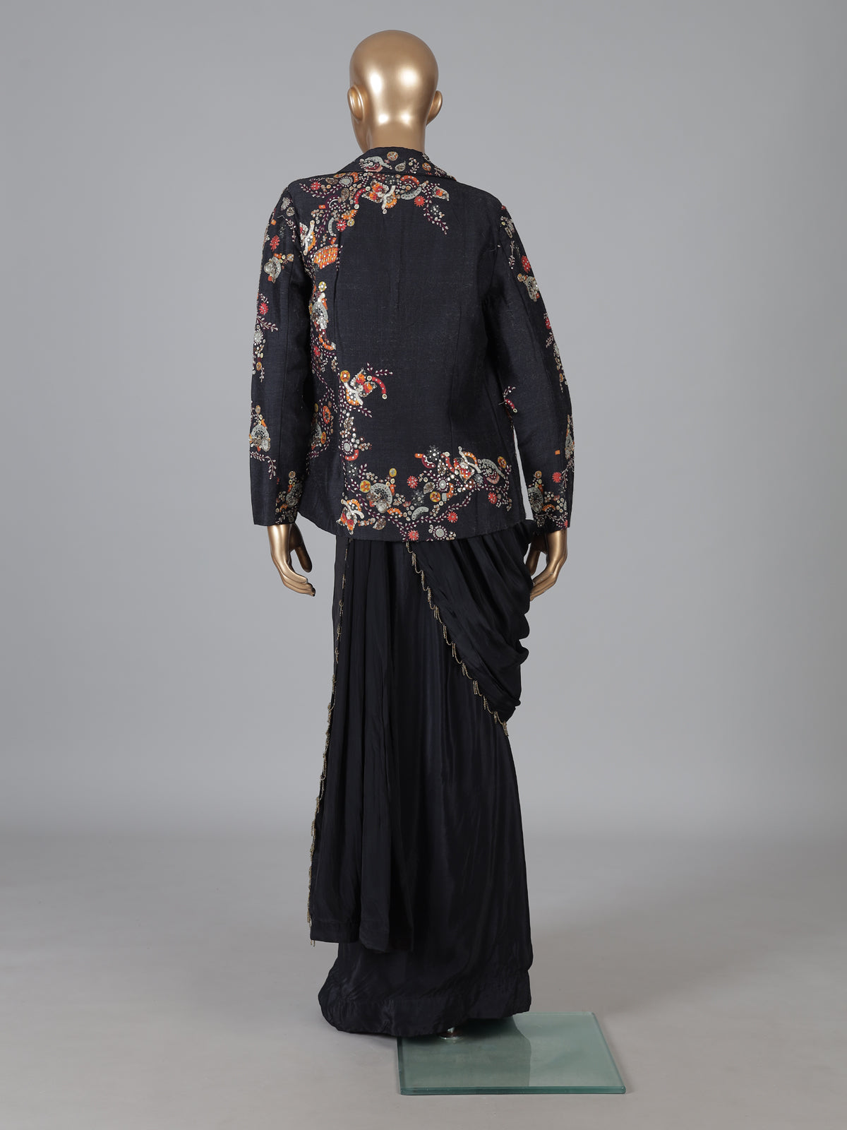 Black dola silk designer ready to wear saree with embellished jacket style
