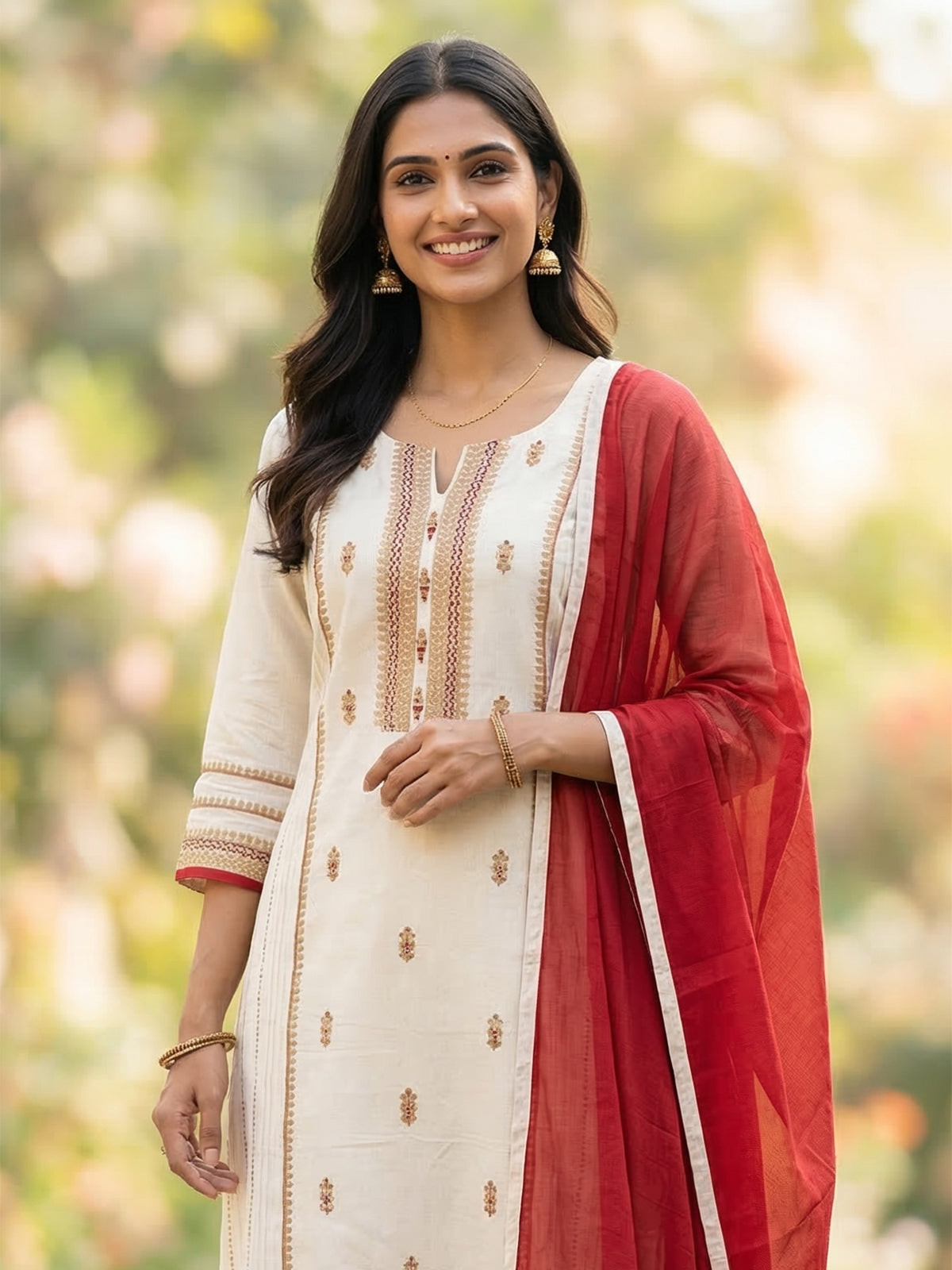 Cream cotton straight palazzo suit with zari butti