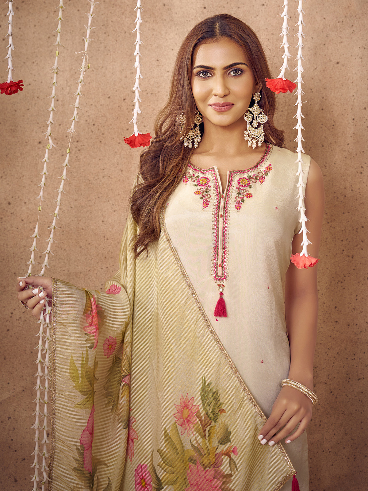Off white silk straight suit with mirror embellishments